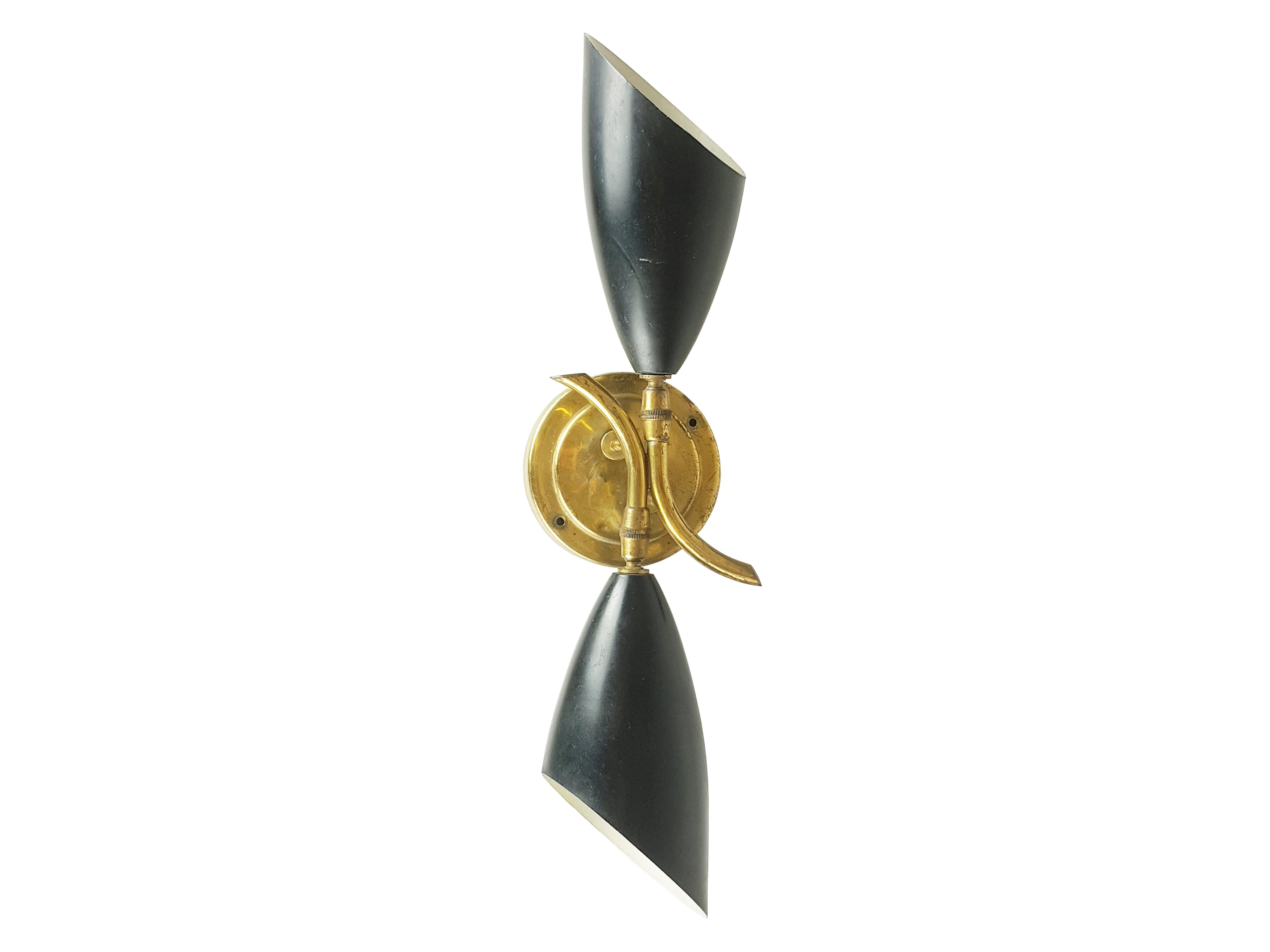 Mid-Century Modern Brass, Black & White Metal Adjustable 1950s Sconce For Sale