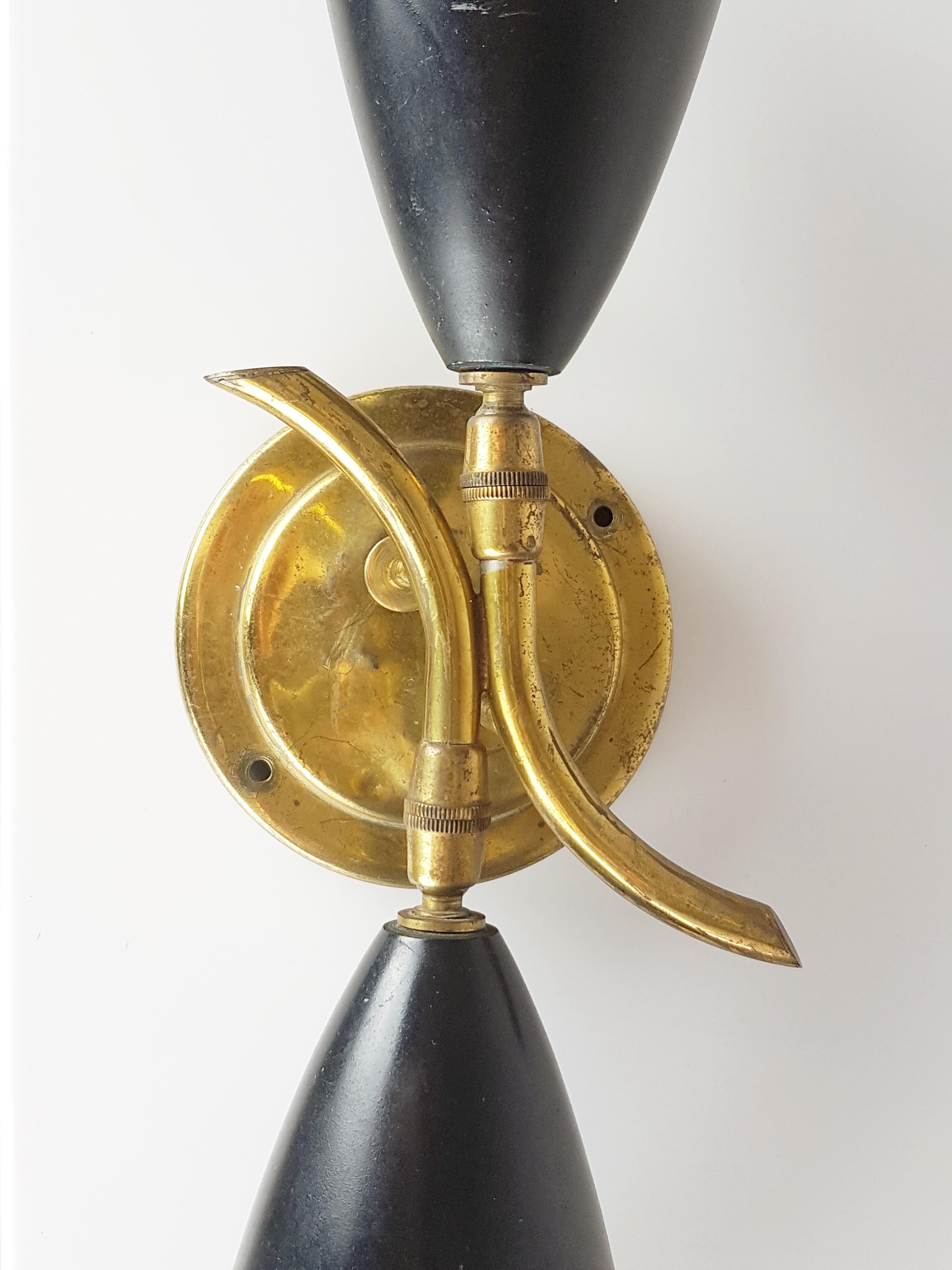 Spanish Brass, Black & White Metal Adjustable 1950s Sconce For Sale