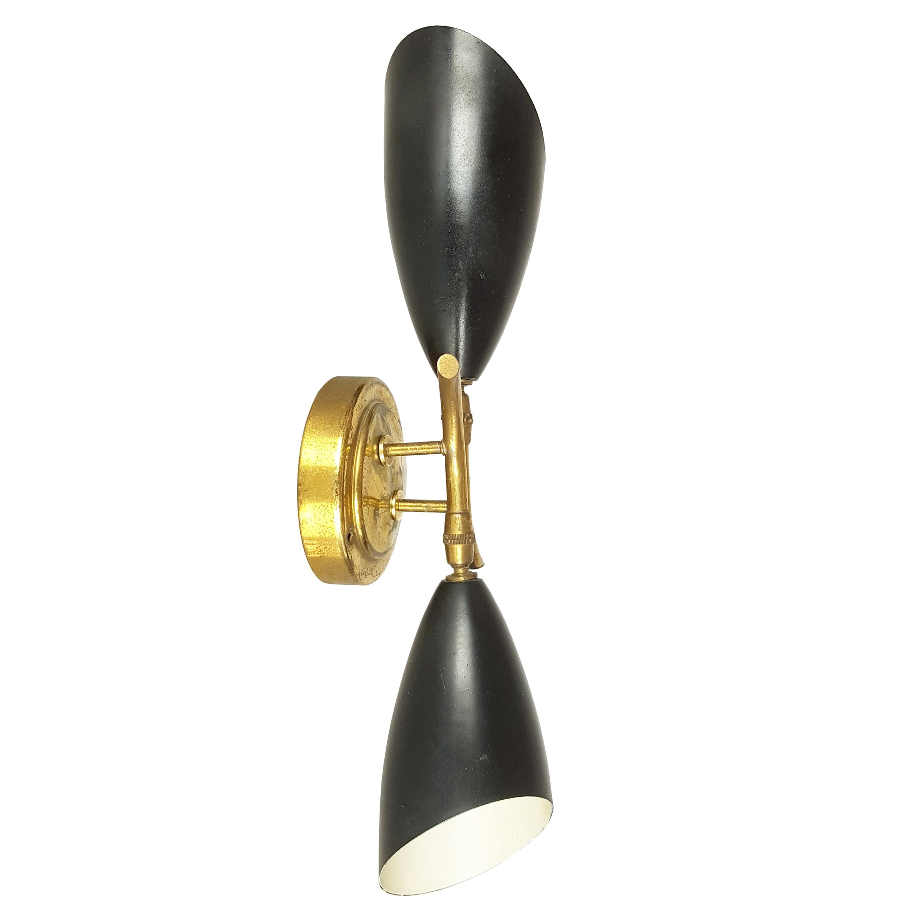 Brass, Black & White Metal Adjustable 1950s Sconce For Sale