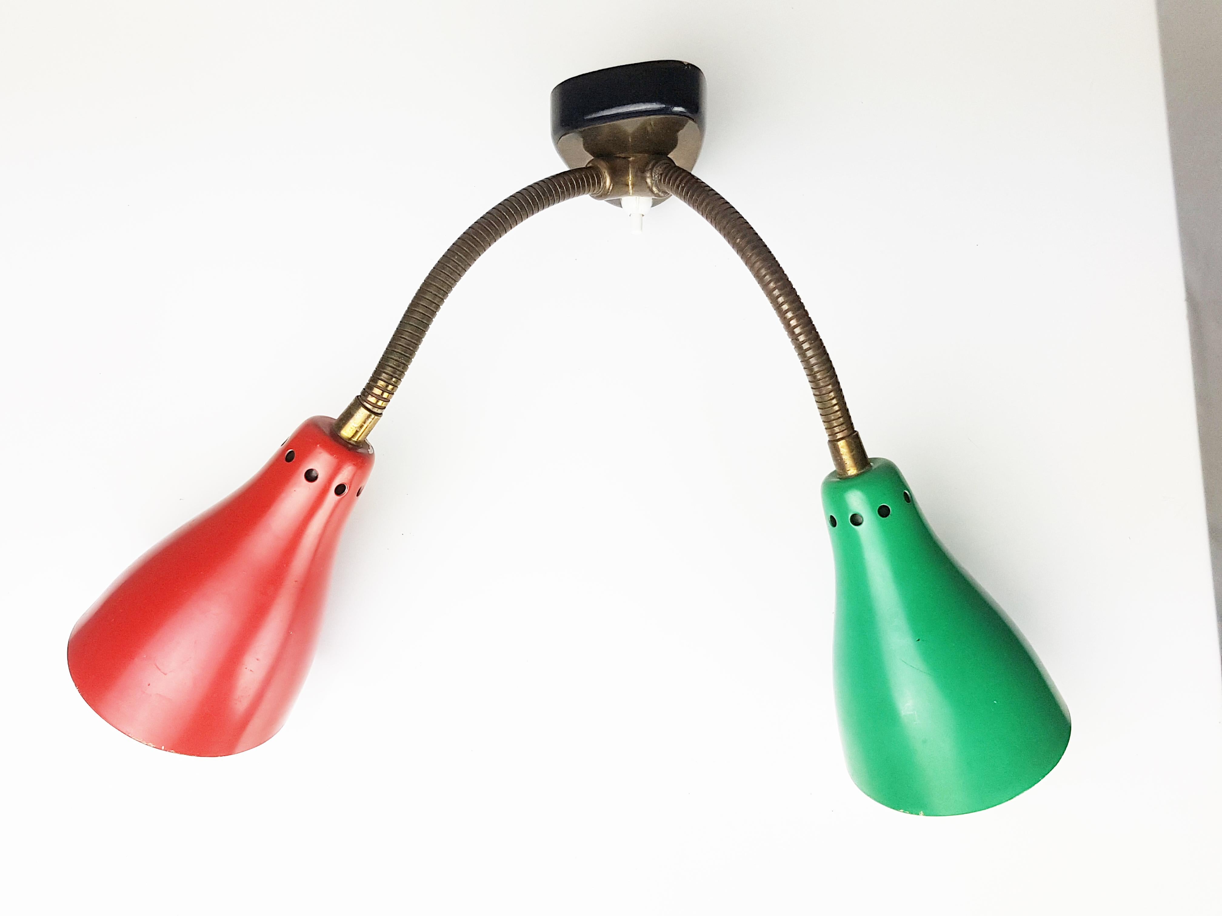 Mid-Century Modern Brass, black wood, red & green adjustable 1960s 2 lights wall lamp For Sale