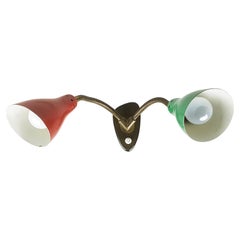 Brass, black wood, red & green adjustable 1960s 2 lights wall lamp