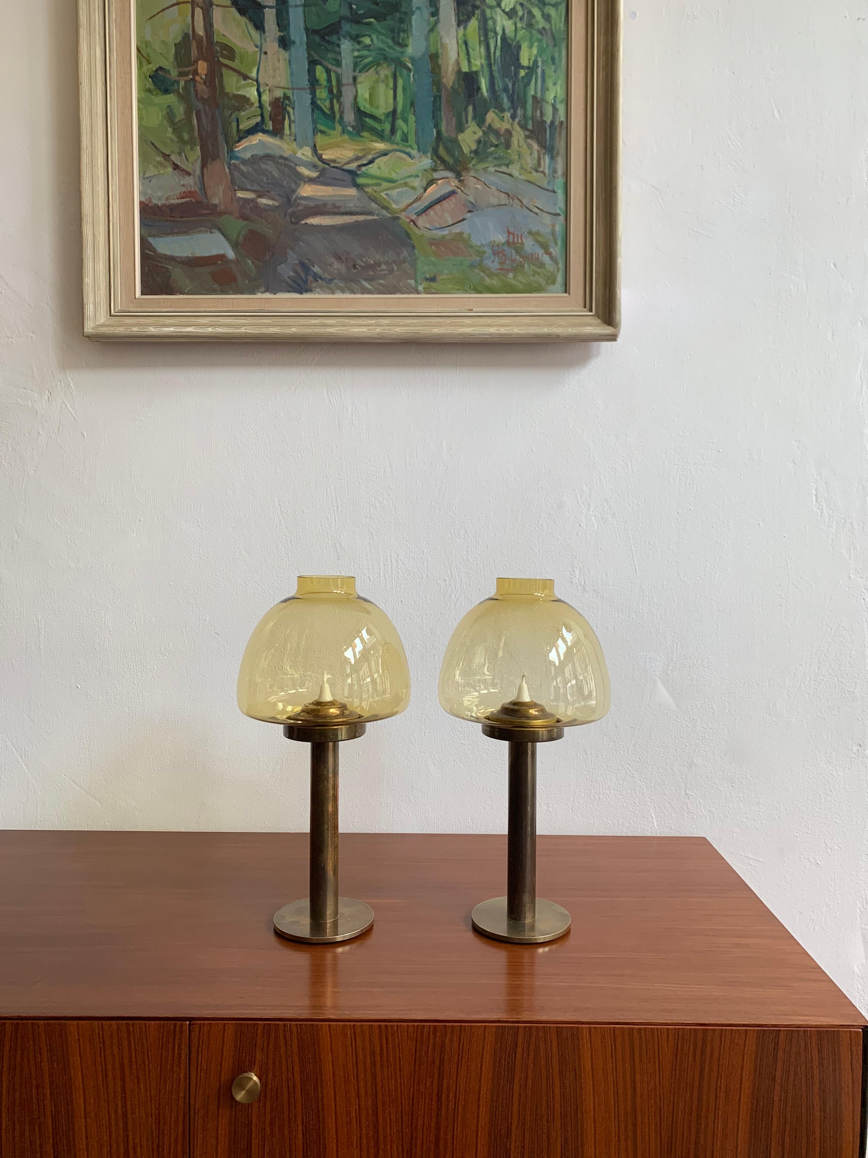 Scandinavian Modern Brass & Blown Glass Hurricane Candle Holder by Hans Agne Jakobsson 