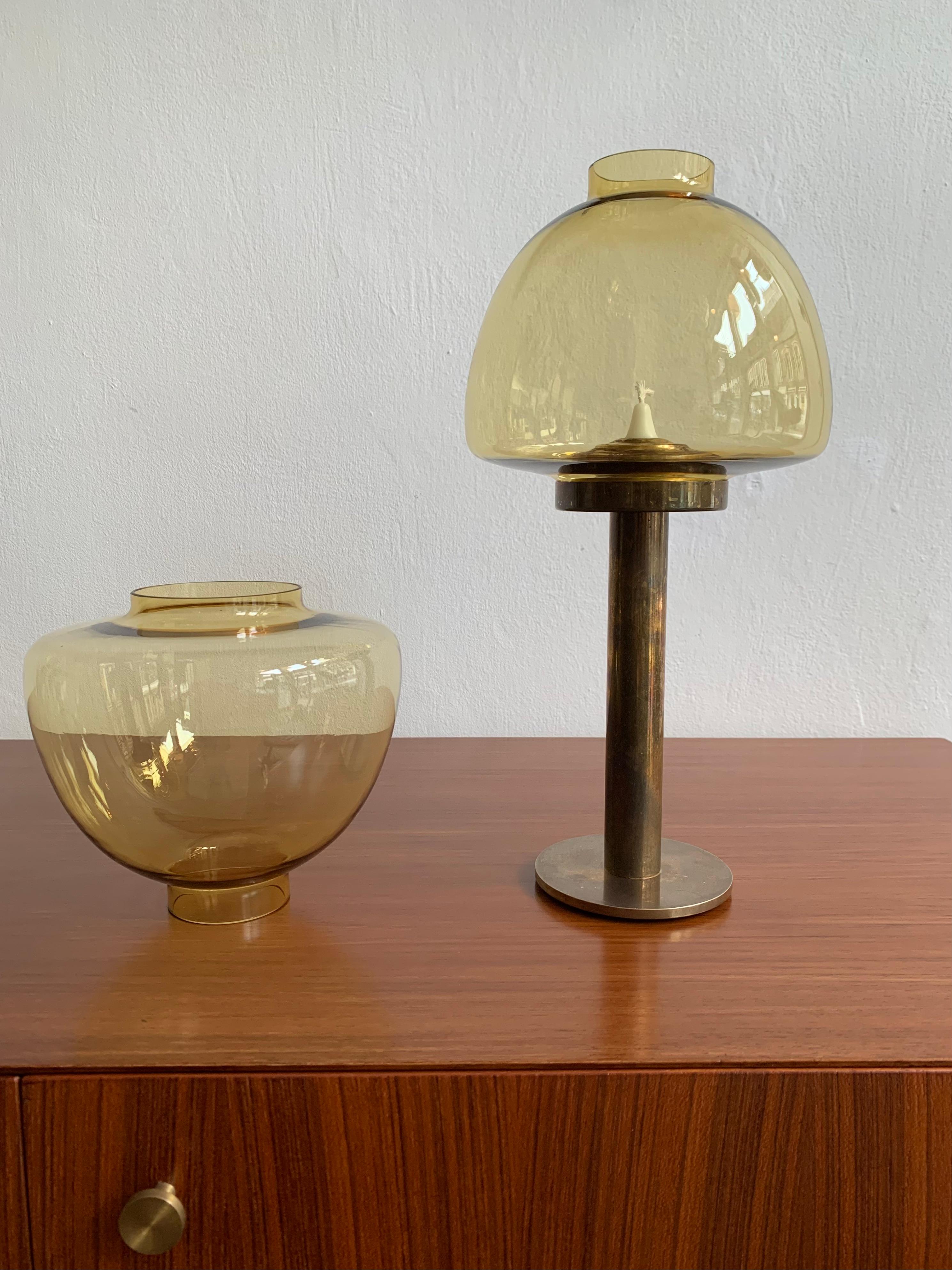 Mid-20th Century Brass & Blown Glass Hurricane Candle Holder by Hans Agne Jakobsson 