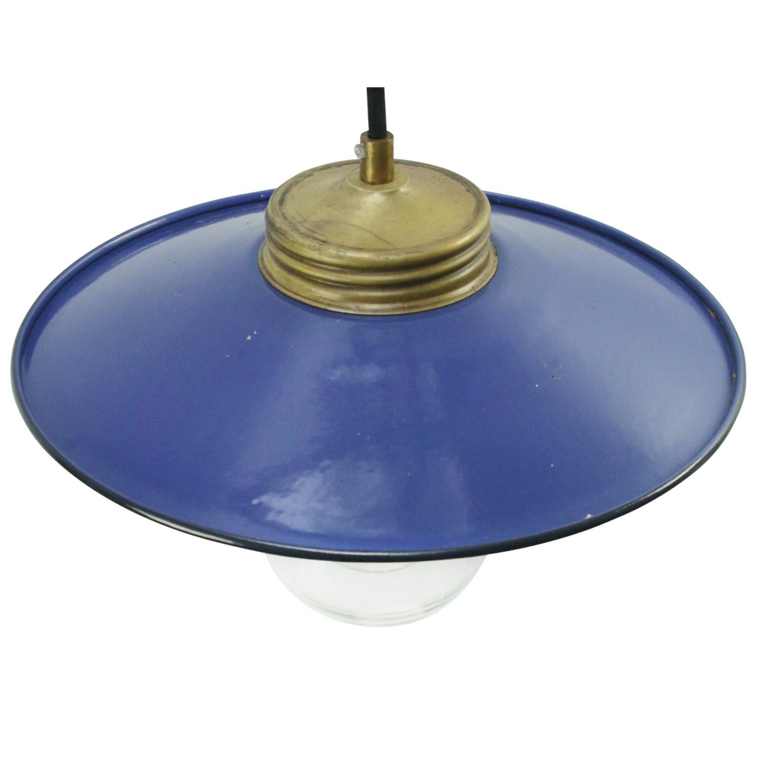 Blue enamel Industrial hanging lamp.
Clear glass with brass top.

Weight: 1.10 kg / 2.4 lb

Priced per individual item. All lamps have been made suitable by international standards for incandescent light bulbs, energy-efficient and LED bulbs.