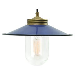 Brass Blue Enamel Vintage Clear Glass Pendant Light