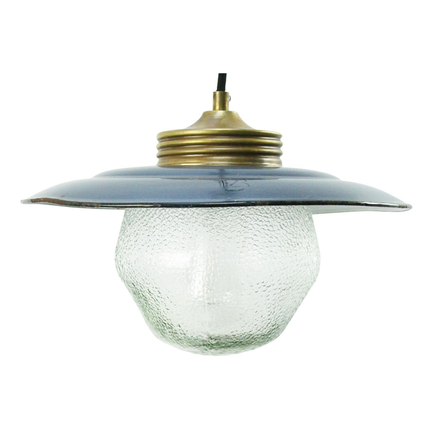 Blue enamel industrial hanging lamp.
Frosted glass with brass top.

Weight: 2.40 kg / 5.3 lb

Priced per individual item. All lamps have been made suitable by international standards for incandescent light bulbs, energy-efficient and LED bulbs.