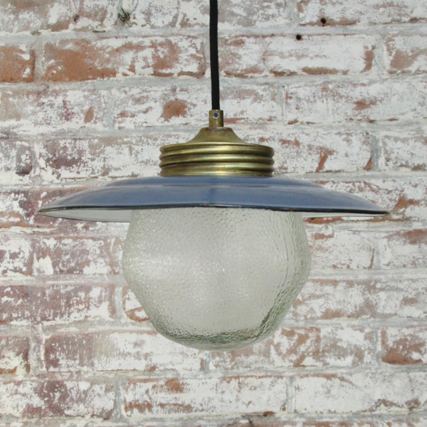 Brass Blue Enamel Vintage Frosted Glass Pendant Light In Good Condition In Amsterdam, NL