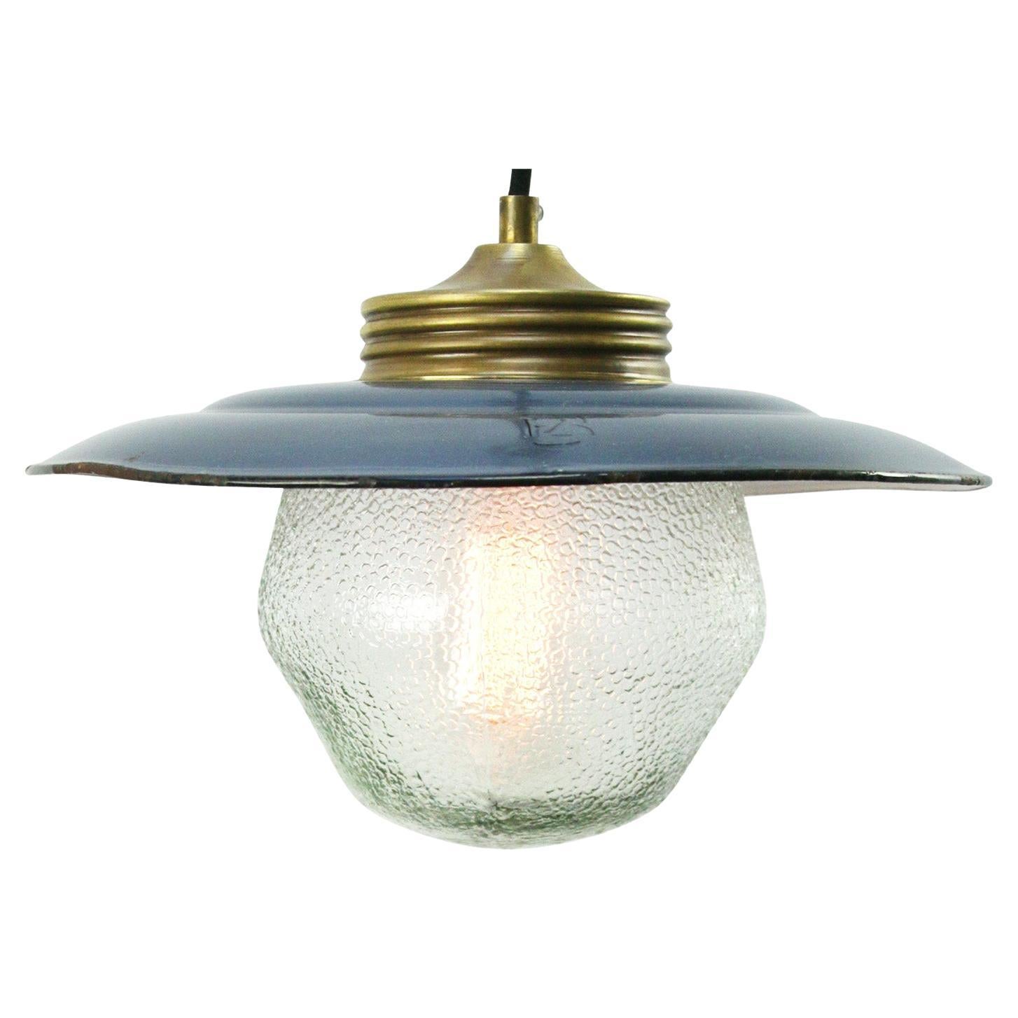 Brass Blue Enamel Vintage Frosted Glass Pendant Light at 1stDibs