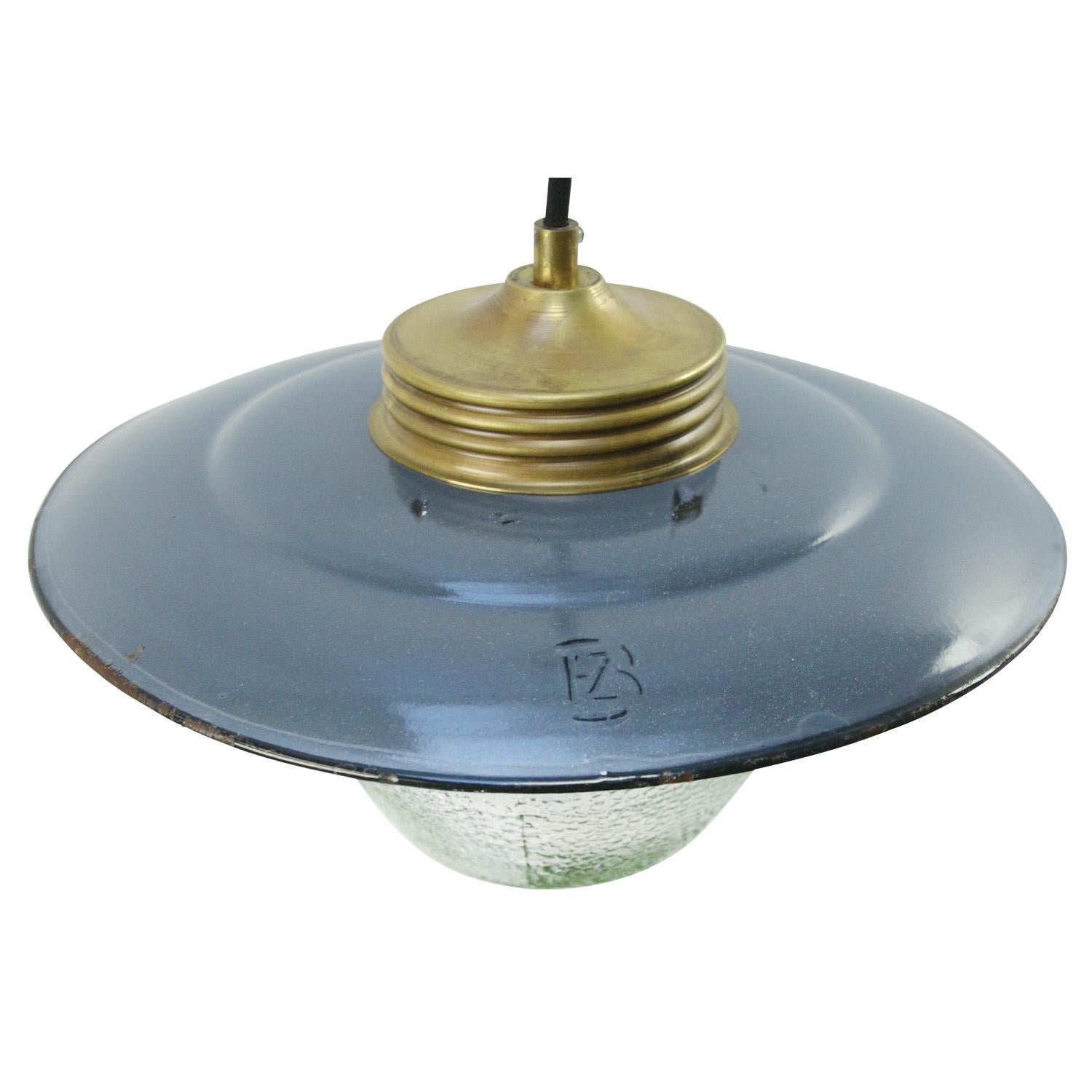 Blue enamel industrial hanging lamp.
Frosted glass with brass top.

Weight: 2.40 kg / 5.3 lb

Priced per individual item. All lamps have been made suitable by international standards for incandescent light bulbs, energy-efficient and LED bulbs.