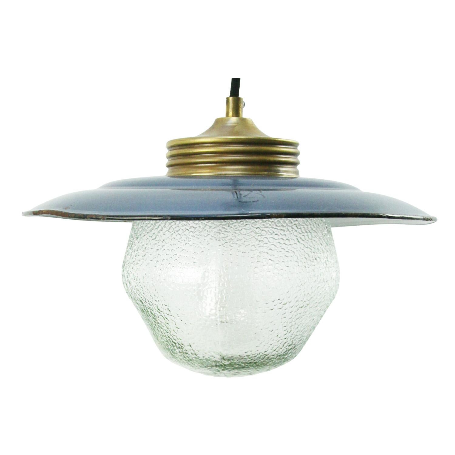 Industrial Brass Blue Enamel Vintage Frosted Glass Pendant Lights For Sale