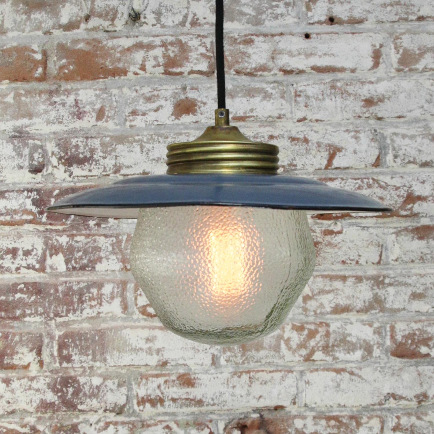 Brass Blue Enamel Vintage Frosted Glass Pendant Lights In Good Condition For Sale In Amsterdam, NL