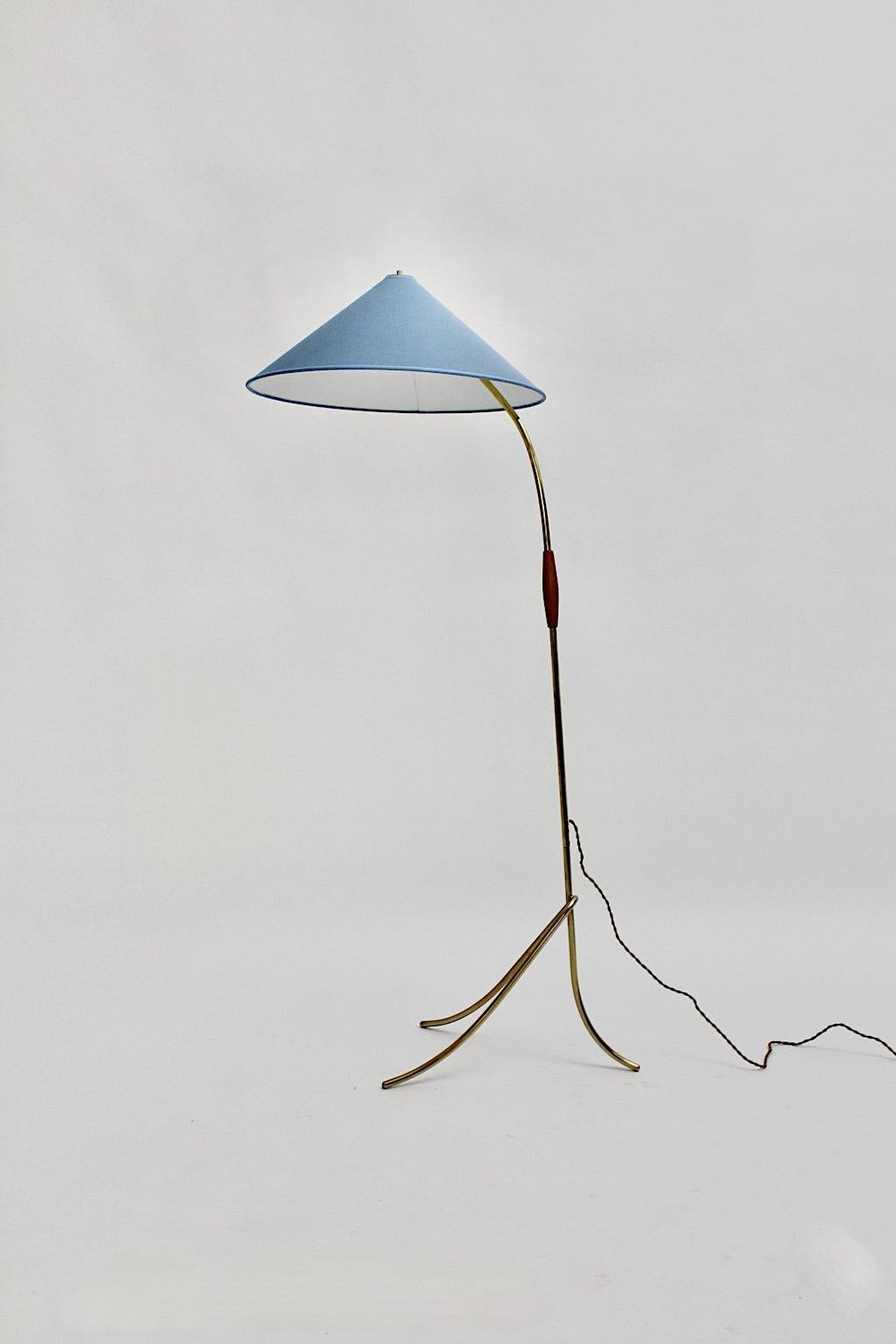 European Brass Blue Mid-Century Modern Vintage Floor Lamp Rupert Nikoll, Austria, 1950s For Sale