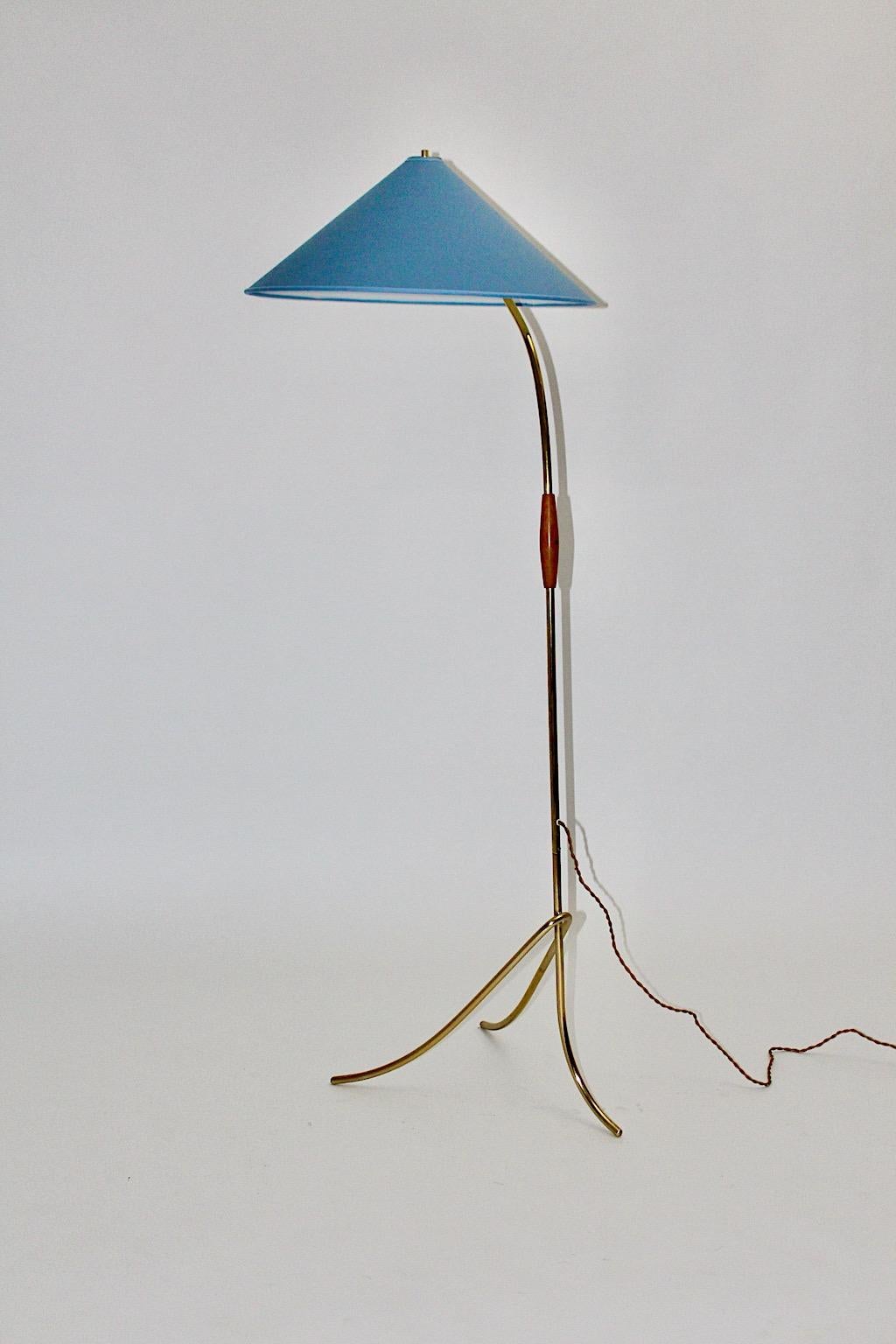 20th Century Brass Blue Mid-Century Modern Vintage Floor Lamp Rupert Nikoll, Austria, 1950s For Sale