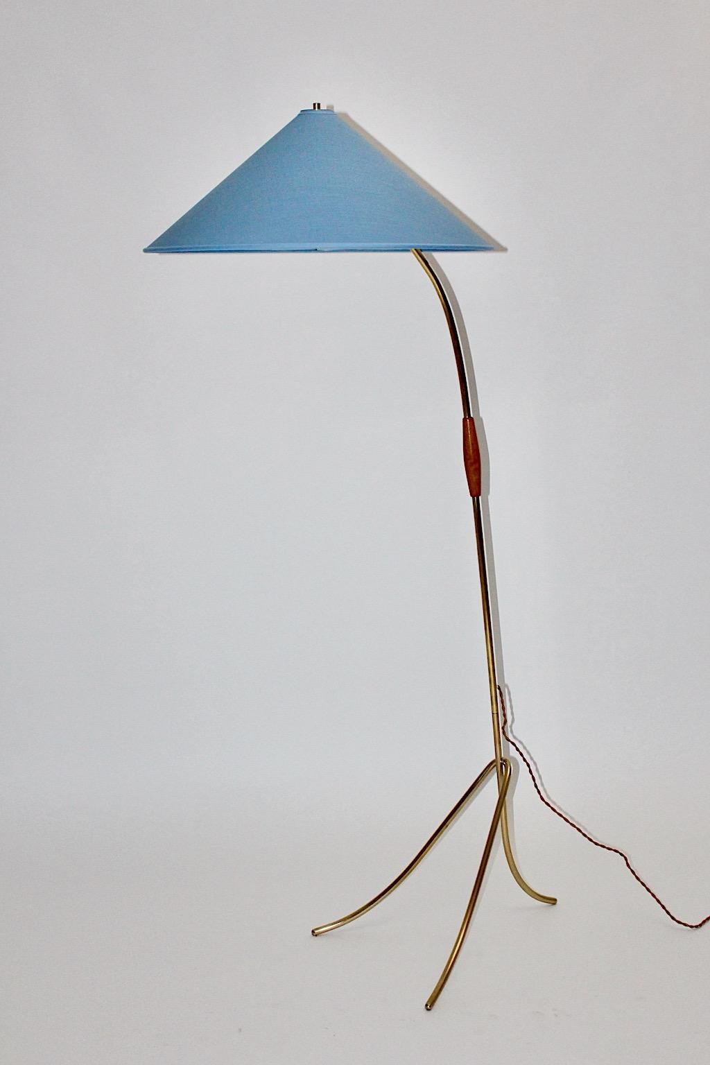 Brass Blue Mid-Century Modern Vintage Floor Lamp Rupert Nikoll, Austria, 1950s For Sale 1