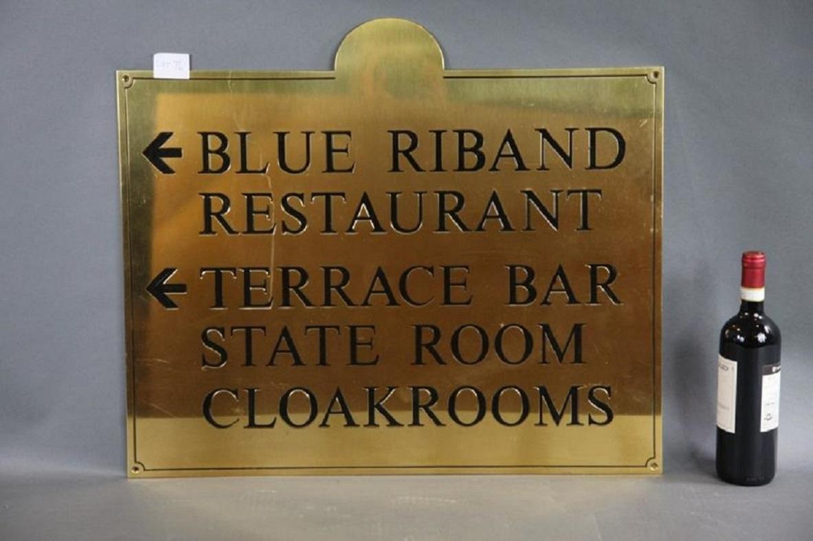Brass Blue Riband Lounge Sign In Excellent Condition For Sale In Norwell, MA