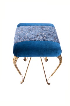 Brass Blue Velvet Midcentury Design Ottomans