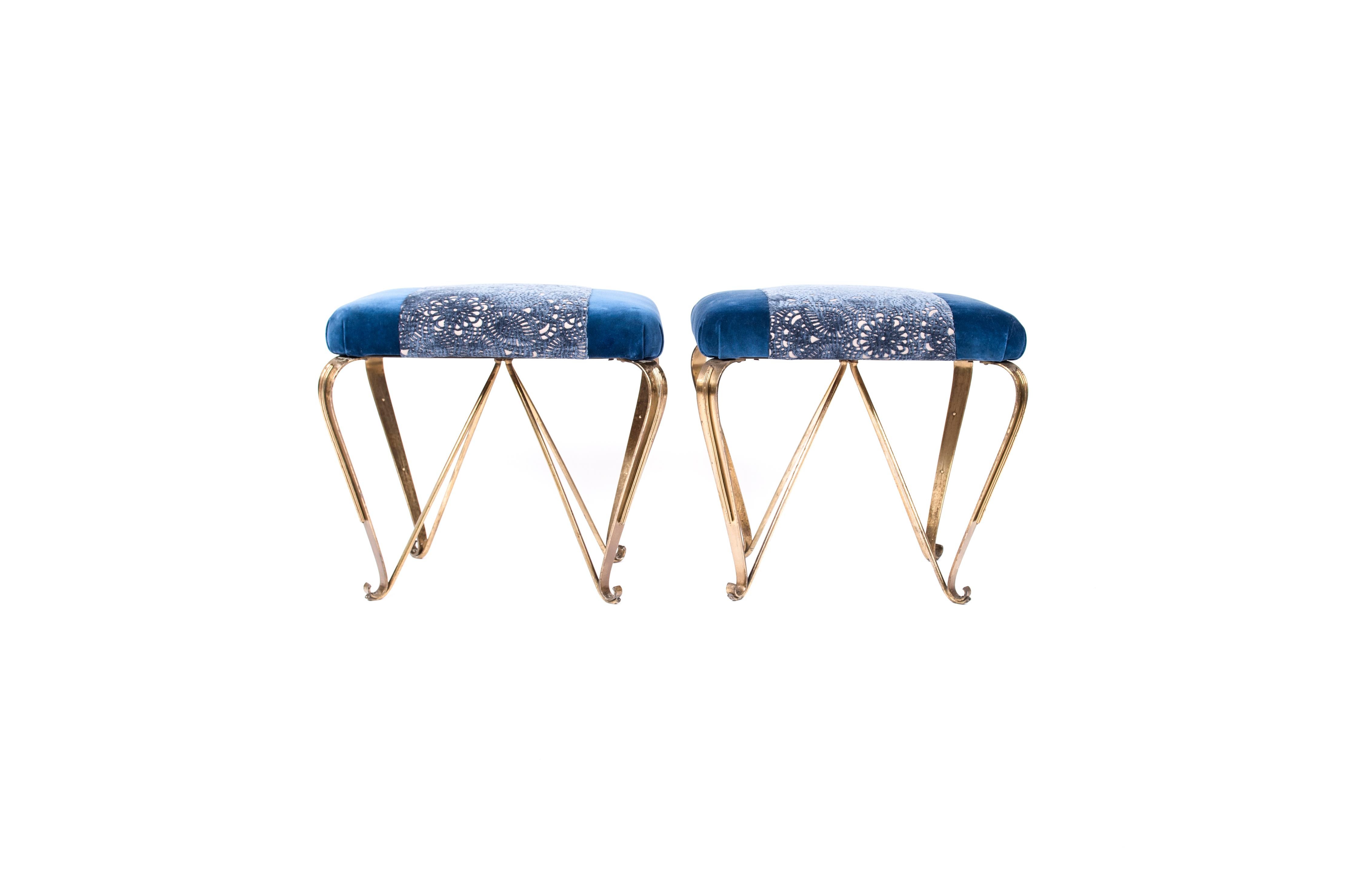 Mid-Century Modern Brass Blue Velvet Midcentury Design Ottomans For Sale