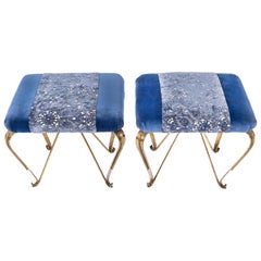 Brass Blue Velvet Midcentury Design Ottomans