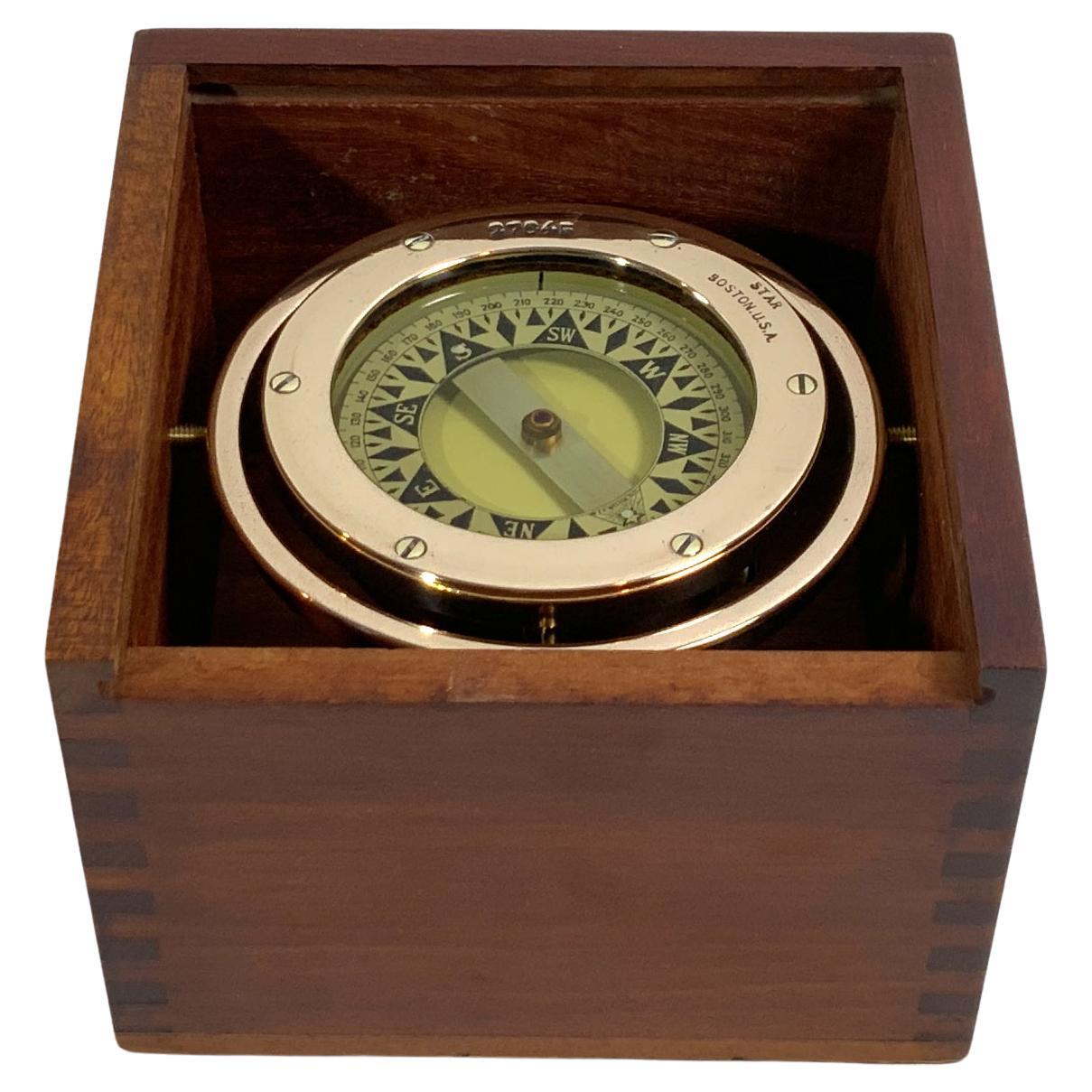 Brass Marine Gimbal Compass Wooden Glass Box Stanley London Ship Boat Replica 