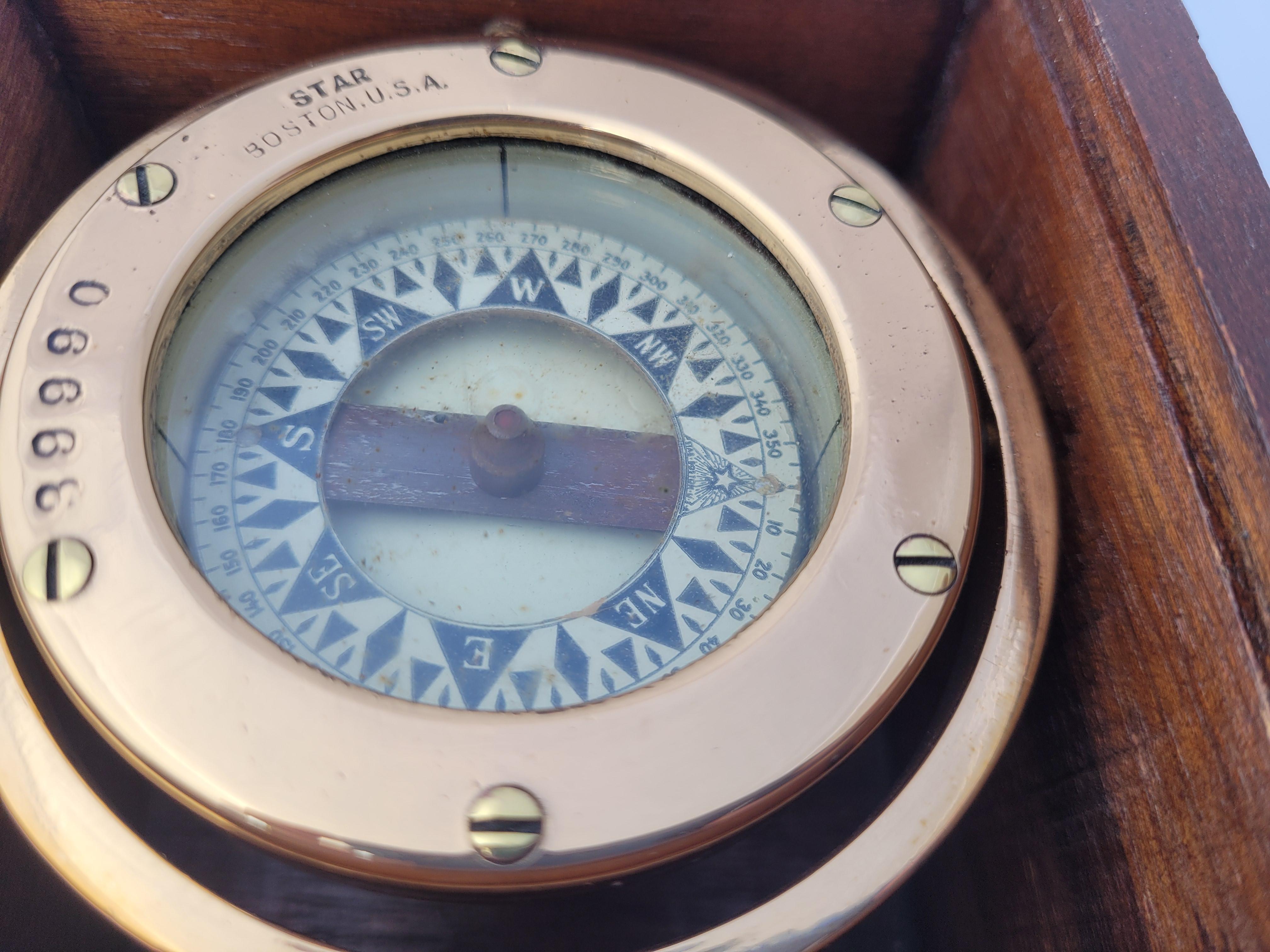 Brass Boat Compass in Varnished Wood Box For Sale 5