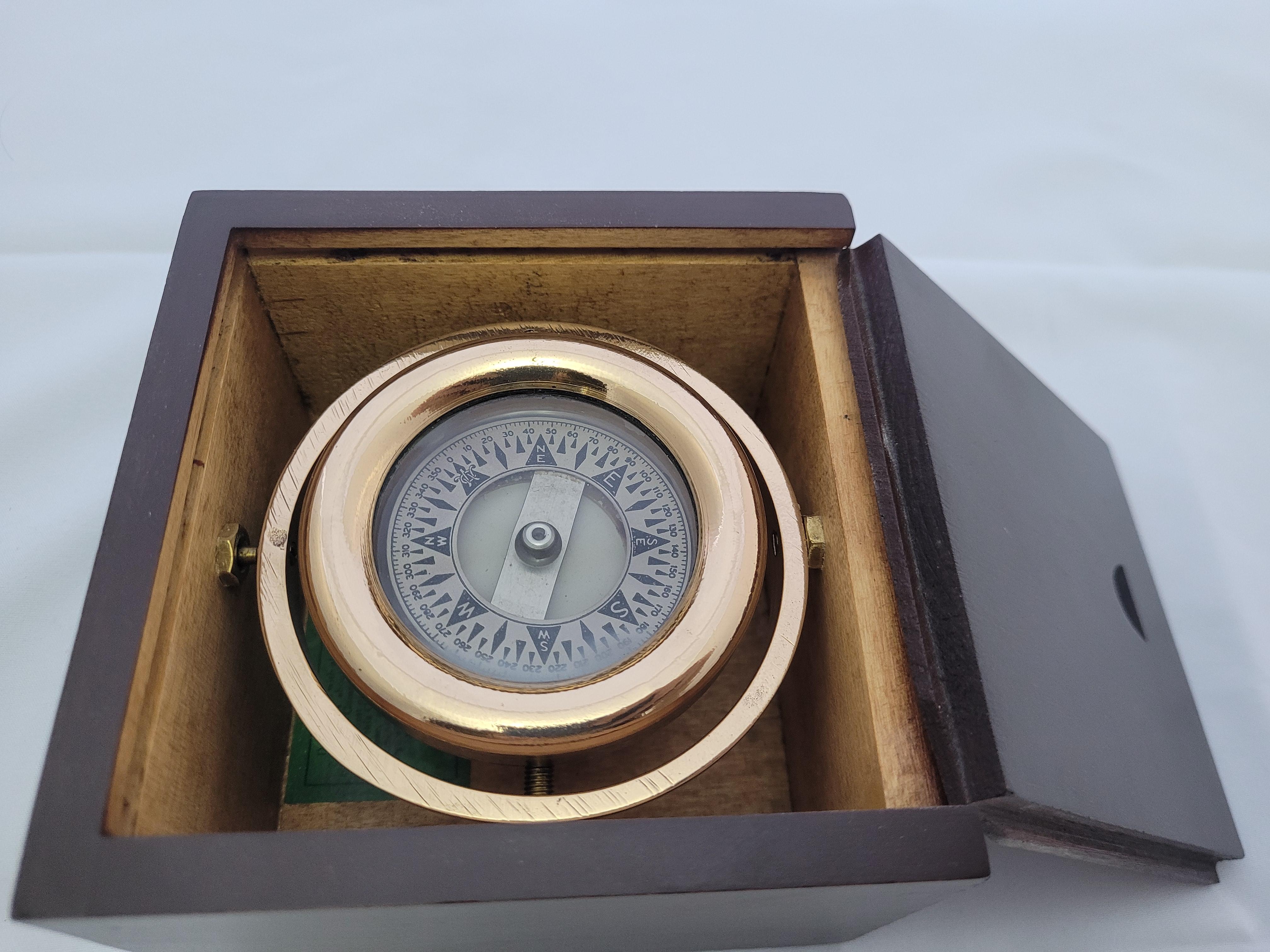 Brass Boat Compass in Varnished Wood Box For Sale 6