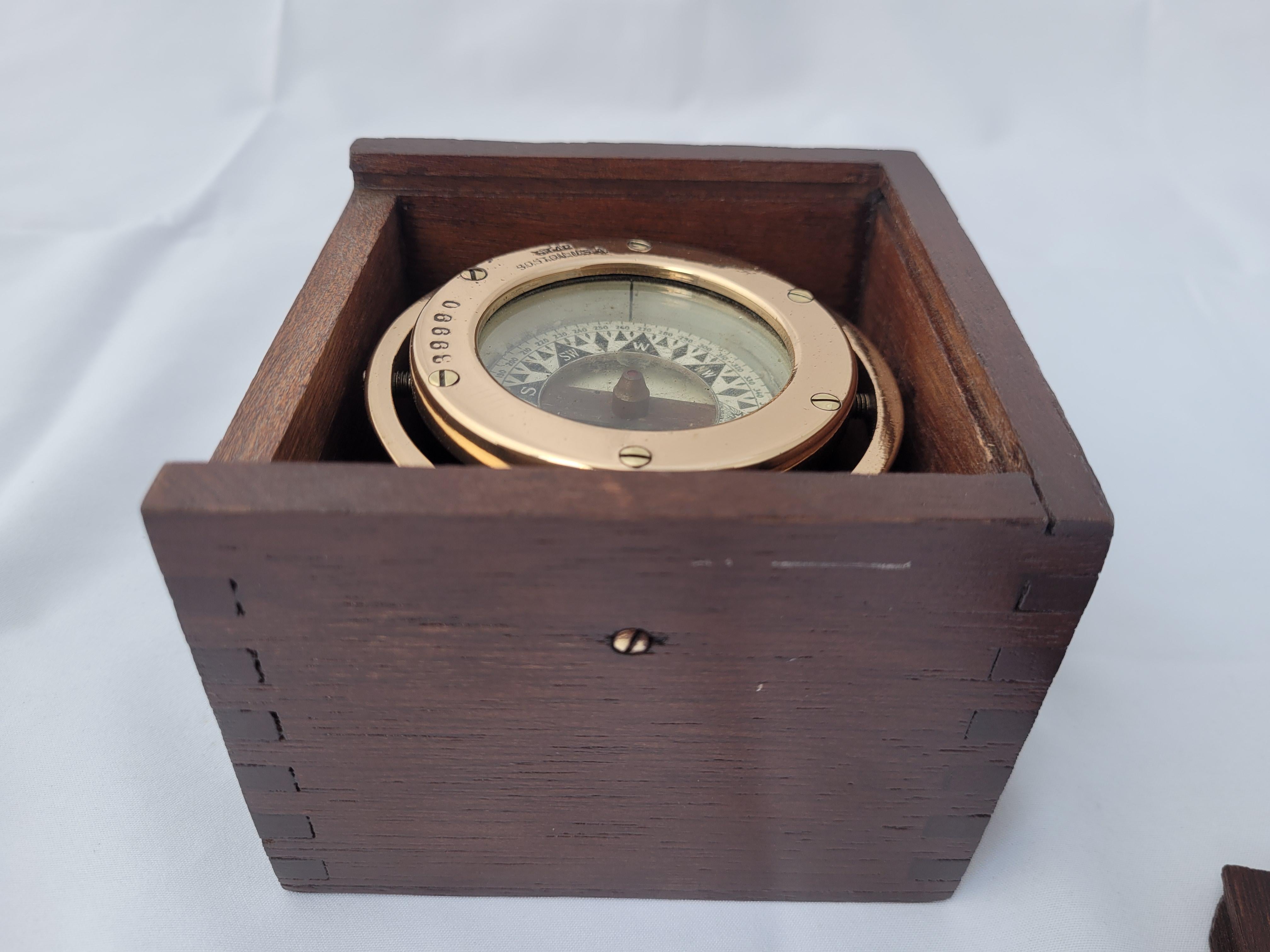 Brass Boat Compass in Varnished Wood Box For Sale 6