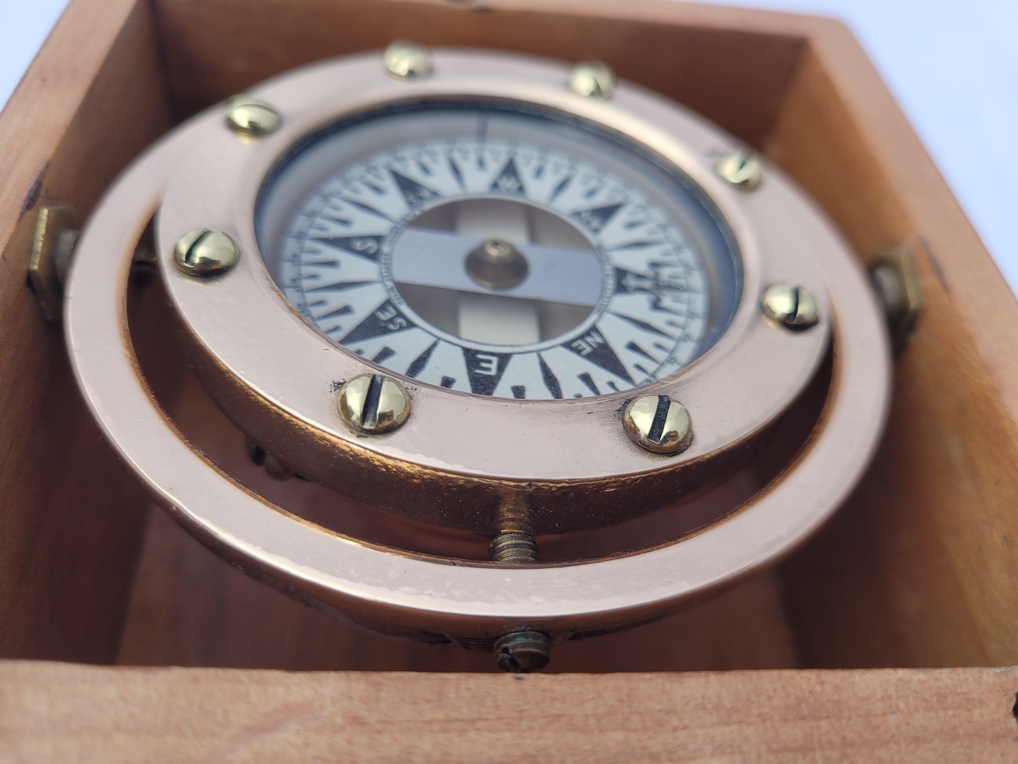 North American Brass Boat Compass in Varnished Wood Box