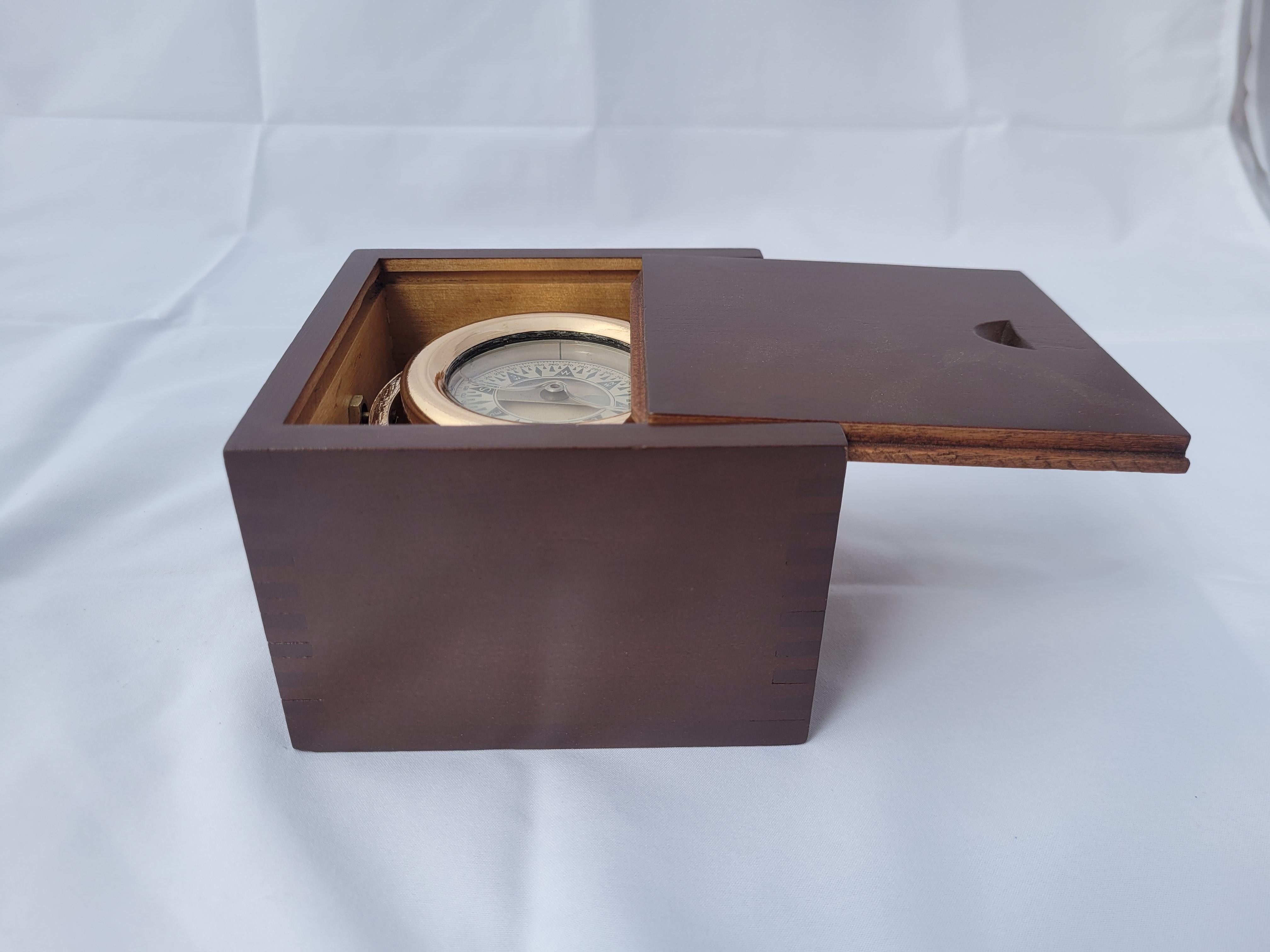 North American Brass Boat Compass in Varnished Wood Box For Sale