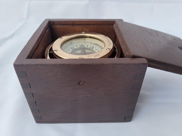 Brass Boat Compass in Varnished Wood Box For Sale at 1stDibs