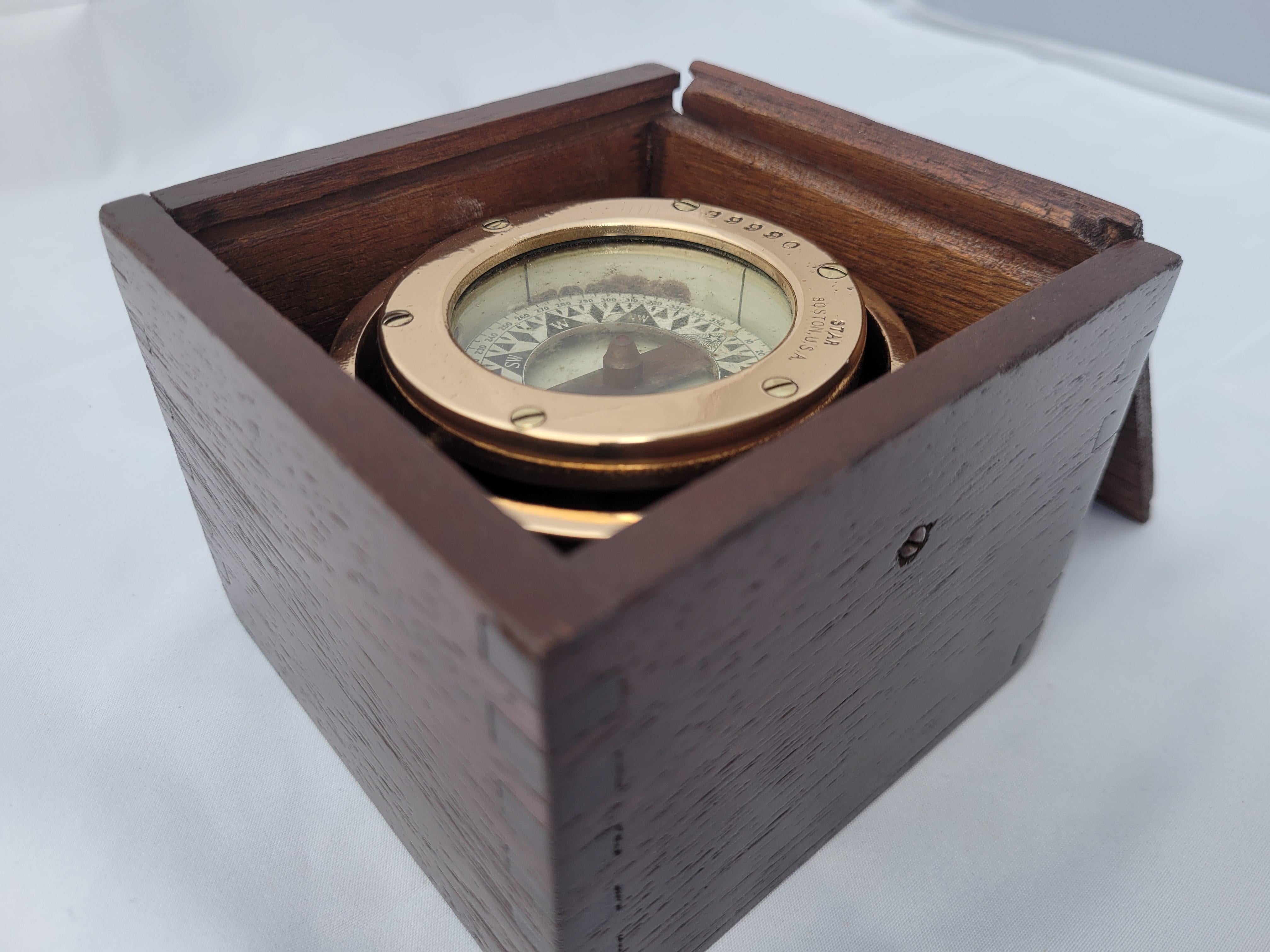 Brass Boat Compass in Varnished Wood Box For Sale 1