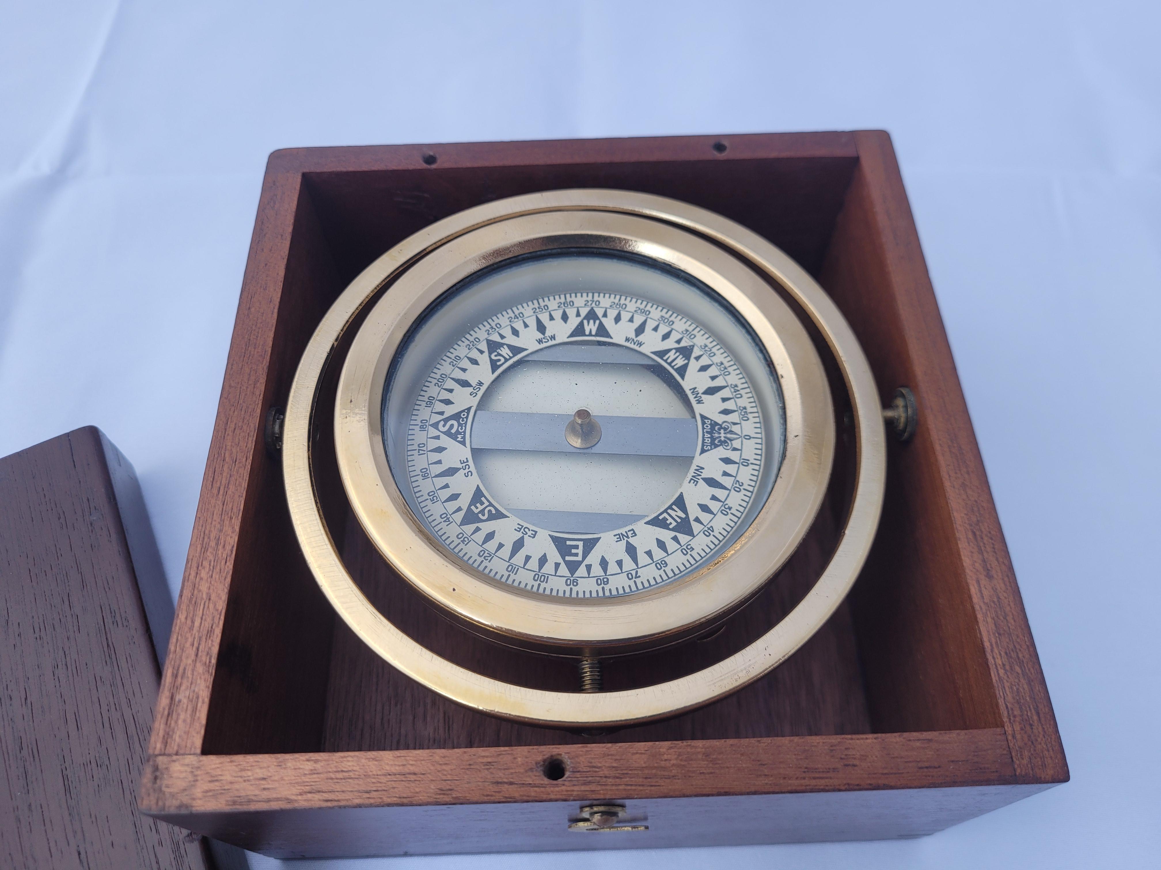 Brass Boat Compass in Varnished Wood Box 1