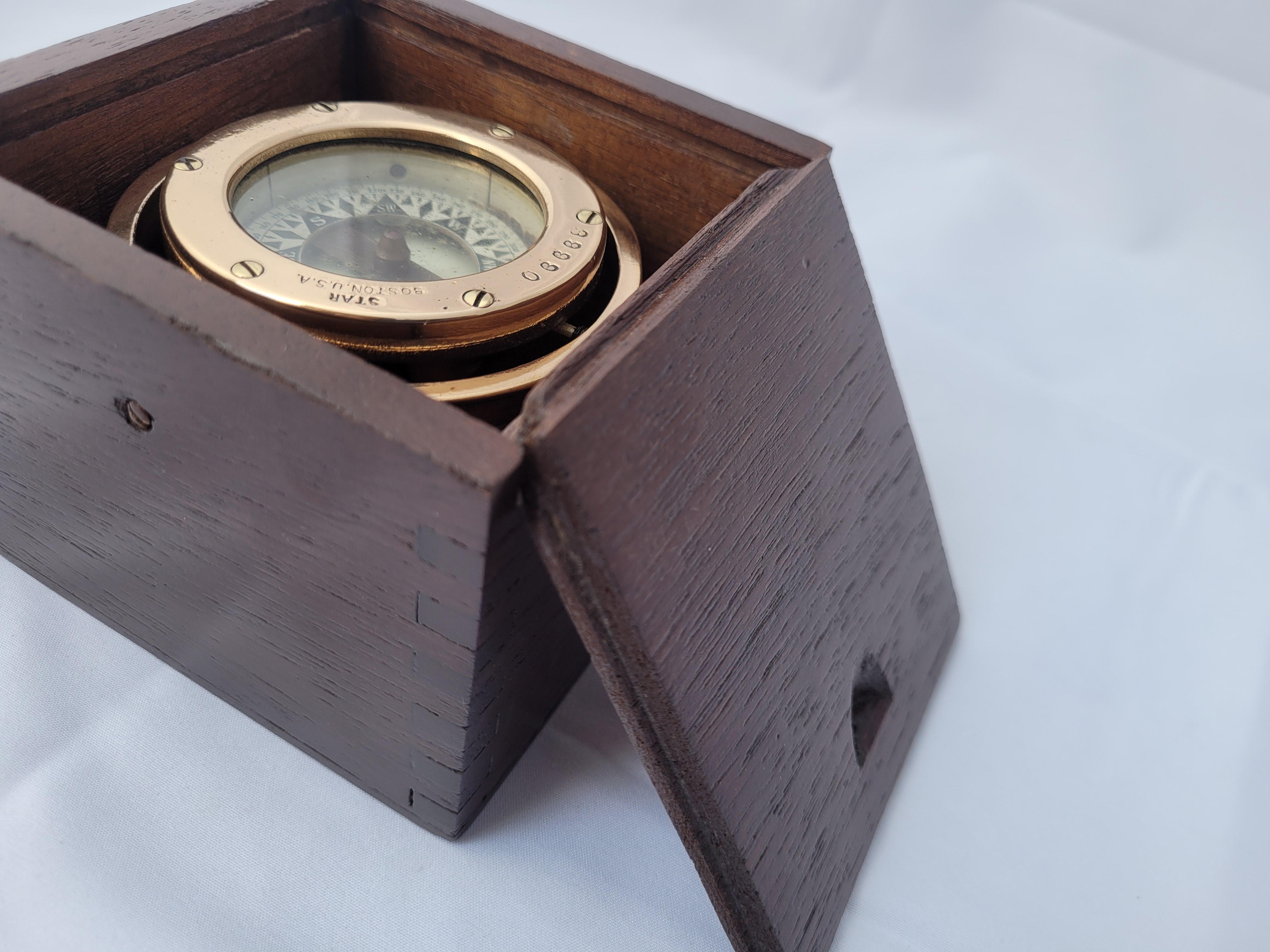 Brass Boat Compass in Varnished Wood Box For Sale 2