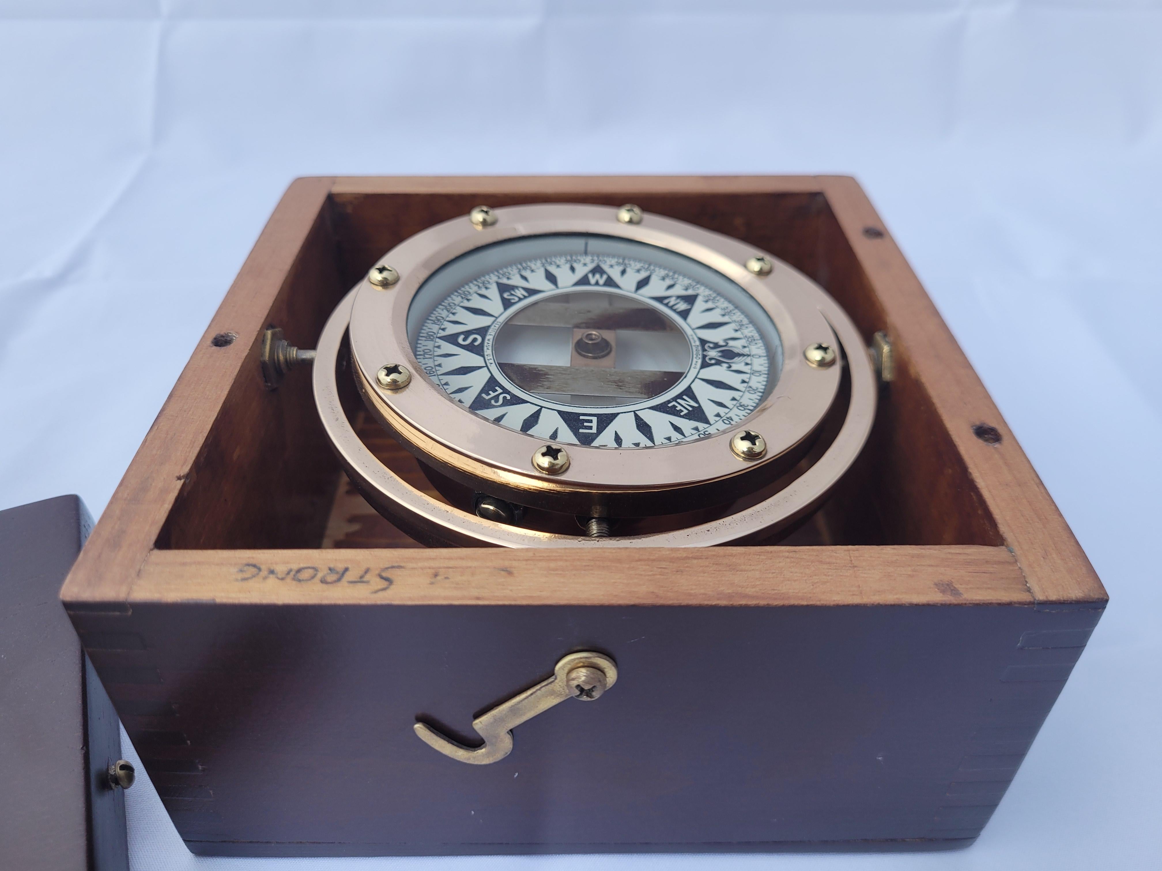 Mid-20th Century Brass Boat Compass in Varnished Wood Box