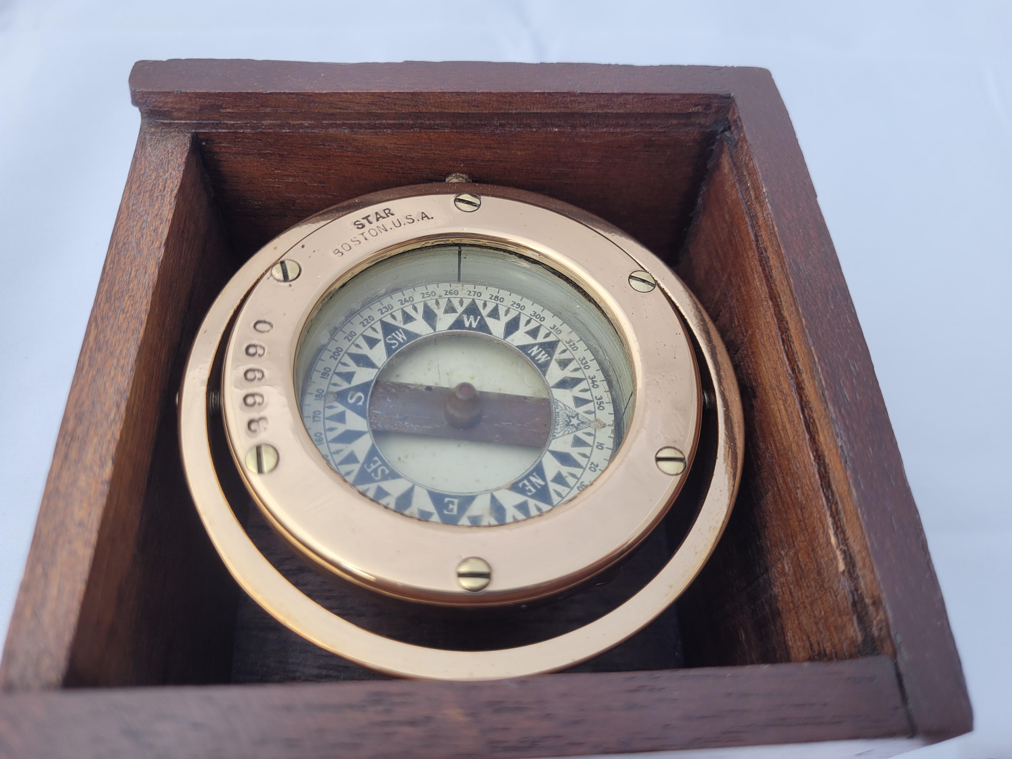 Brass Boat Compass in Varnished Wood Box For Sale 3