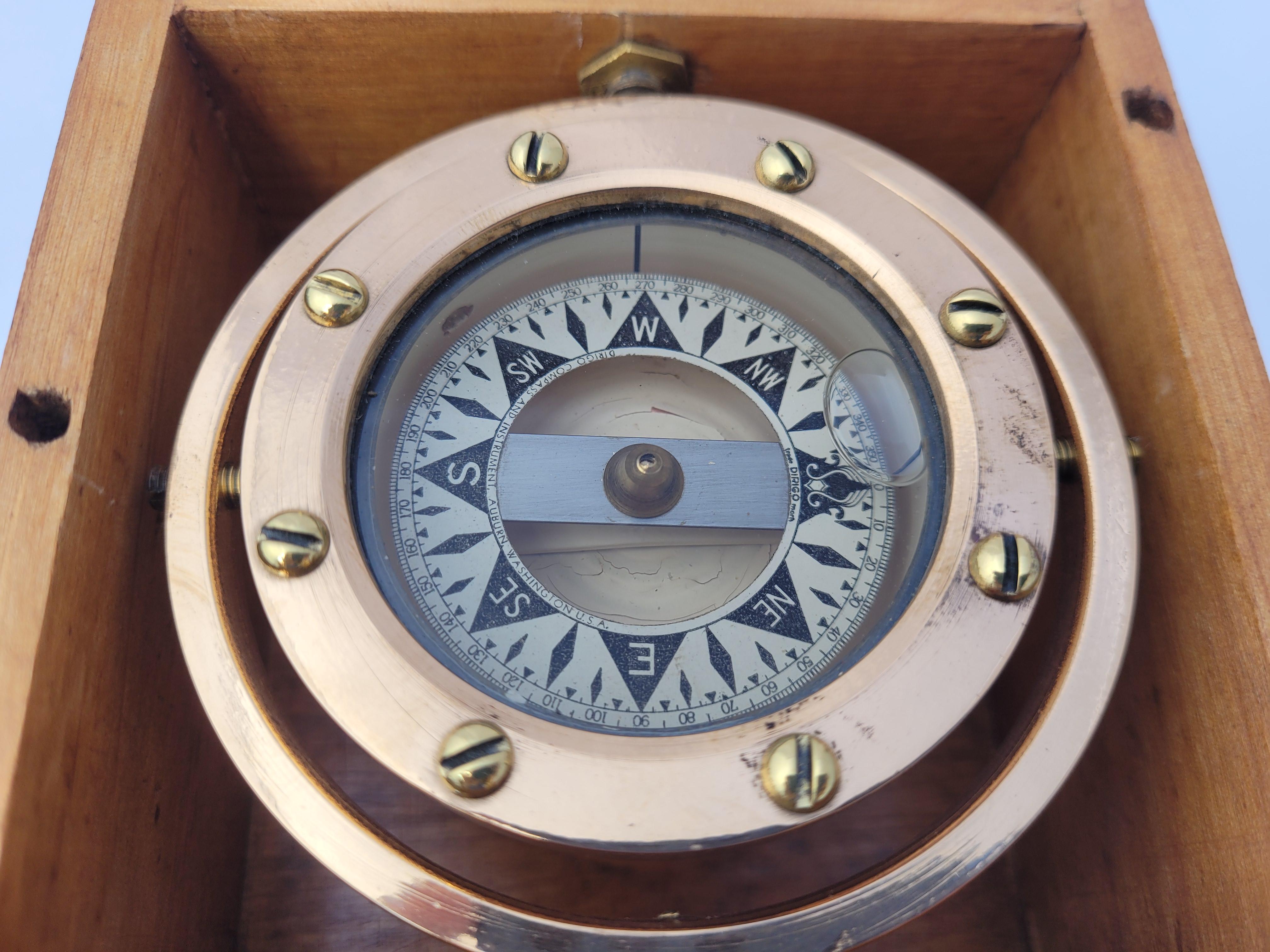 Brass Boat Compass in Varnished Wood Box For Sale 2