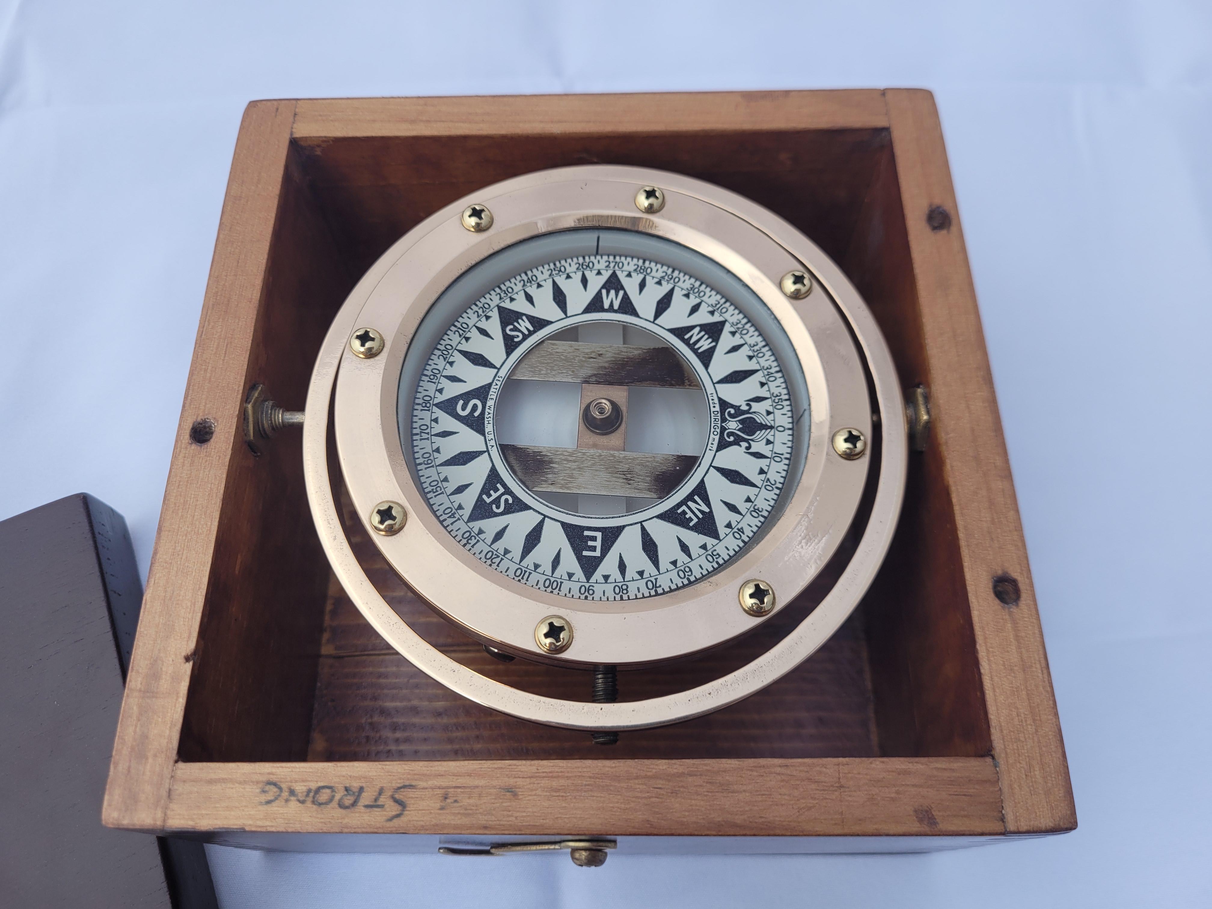 Brass Boat Compass in Varnished Wood Box For Sale 3