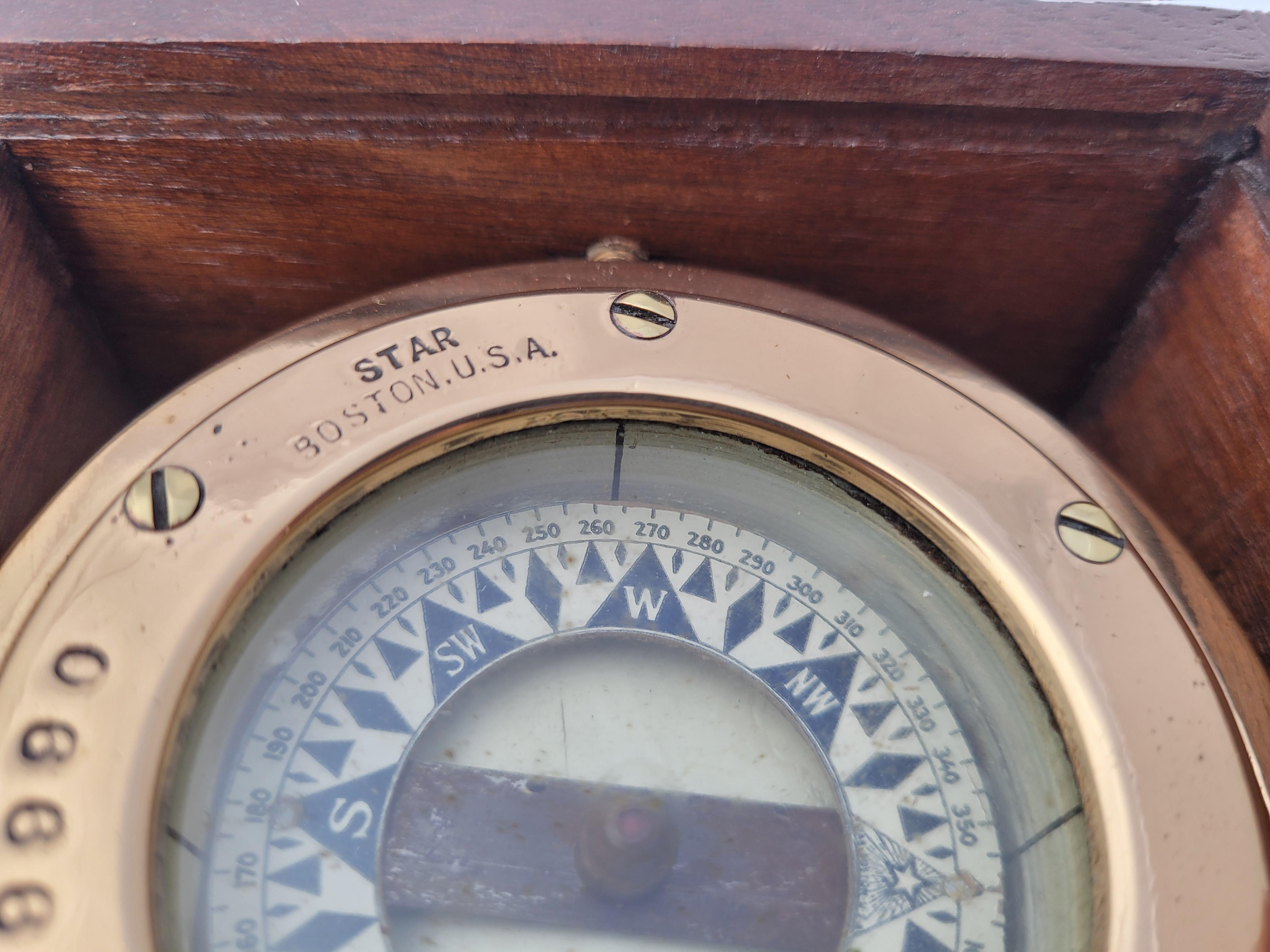 Brass Boat Compass in Varnished Wood Box For Sale 4