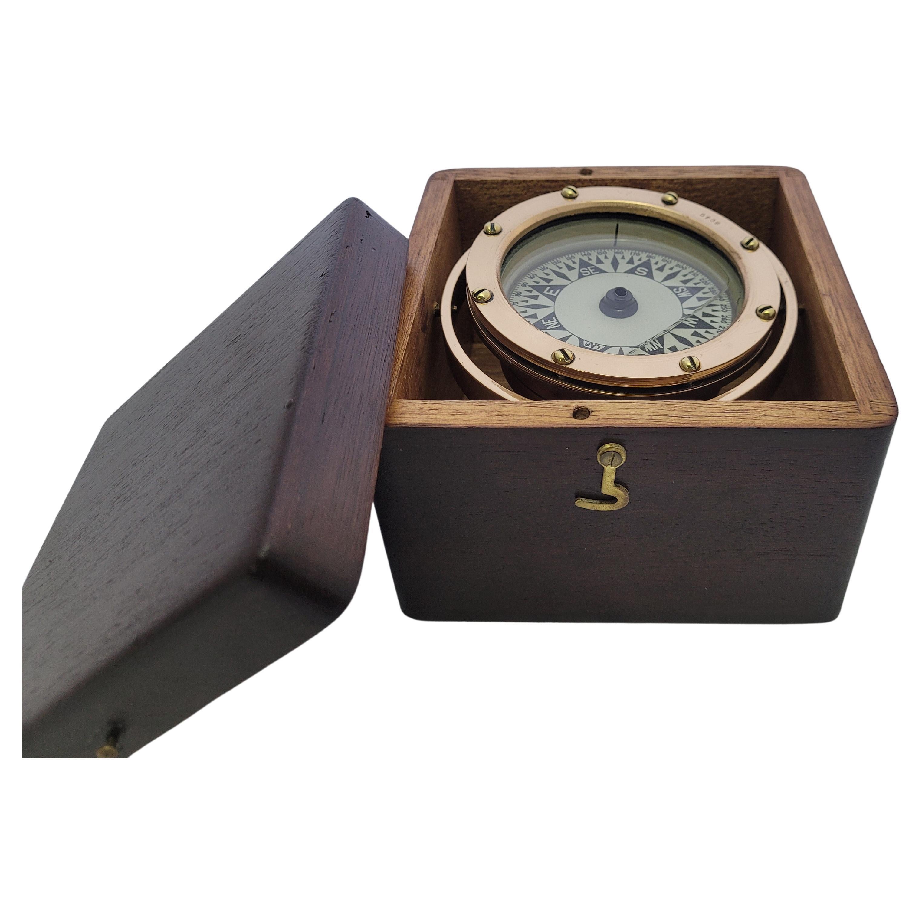 Brass Boat Compass in Varnished Wood Box