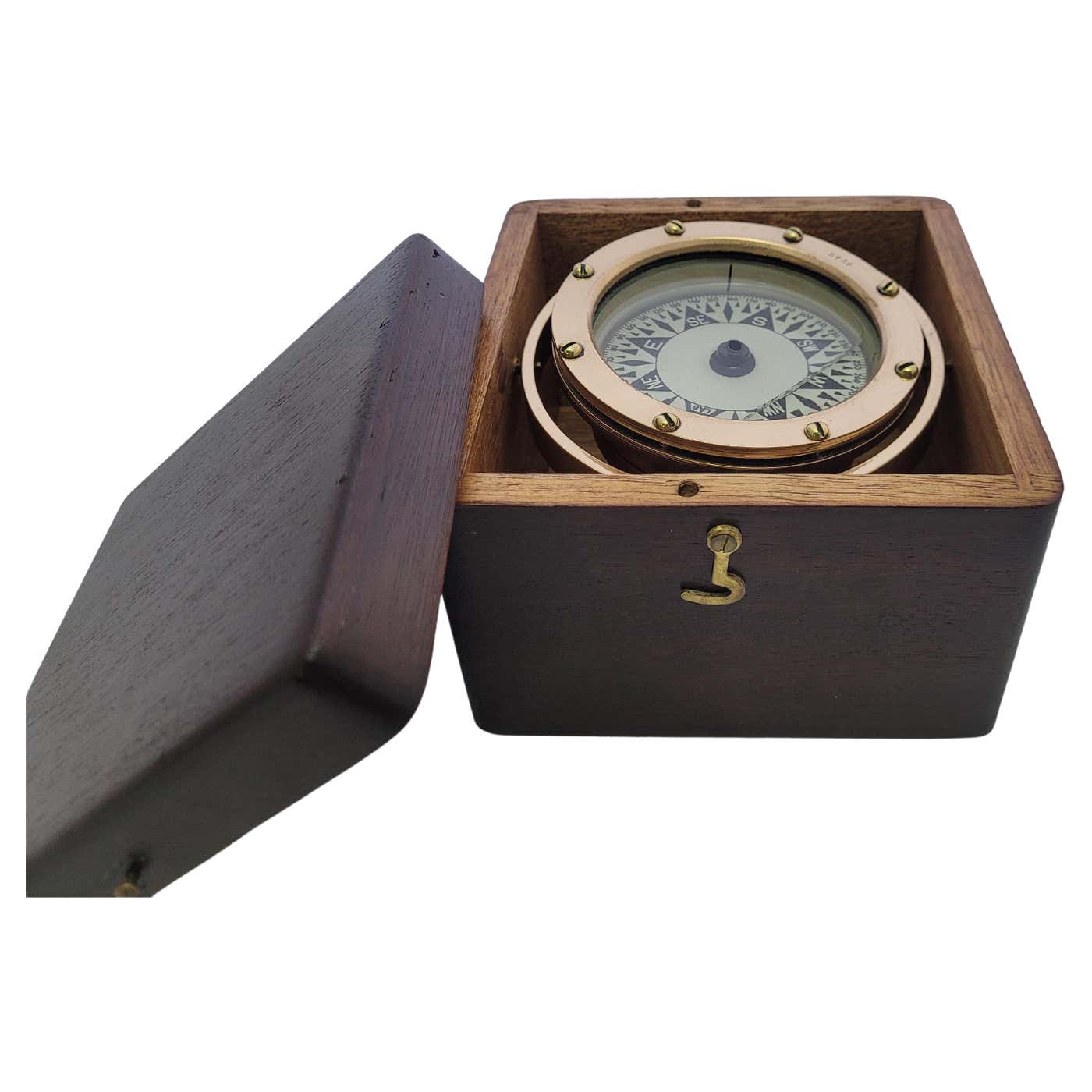 Compass Box Instrument Only Brass Boat Compass in Varnished Wood Box For Sale at 1stDibs