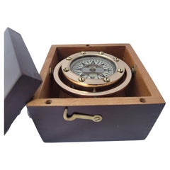 Vintage Brass Boat Compass in Varnished Wood Box