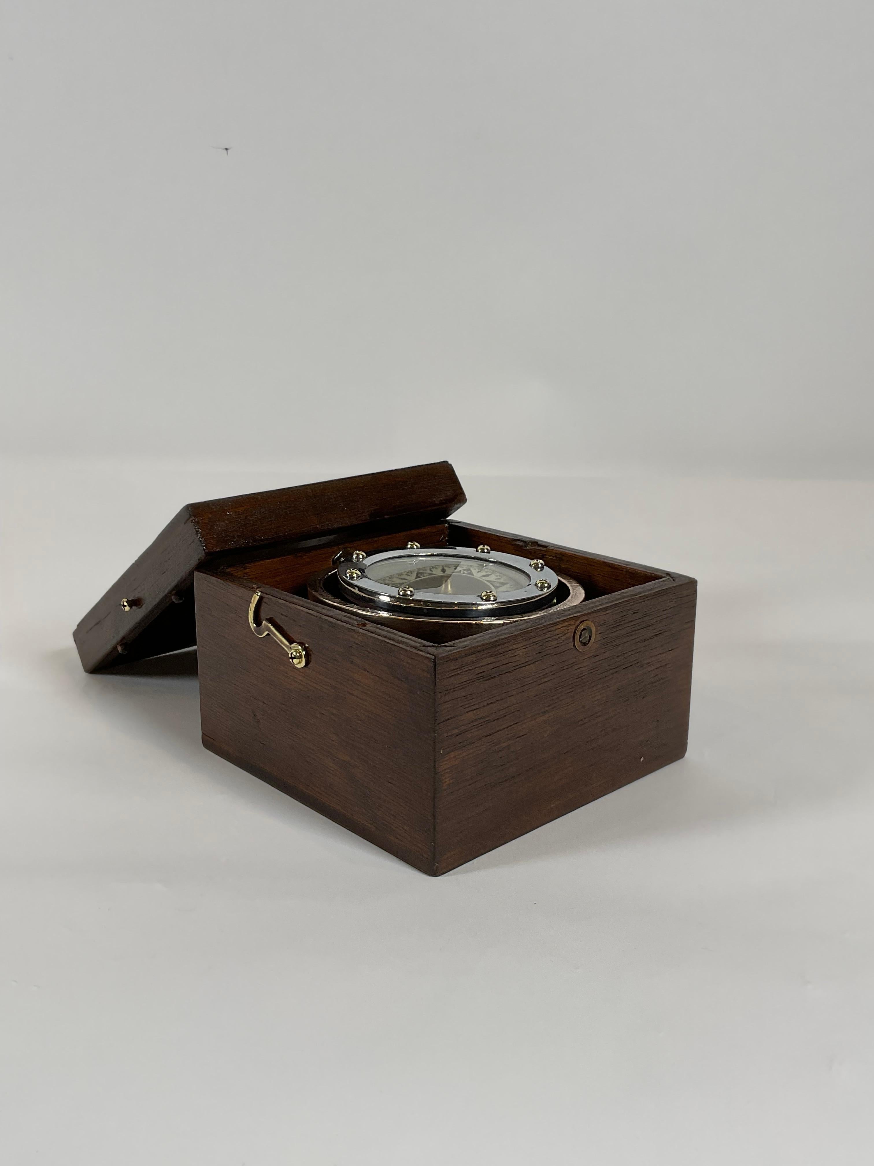 Mid-20th Century Brass Boat Compass on Gimbal Fitted to a Box