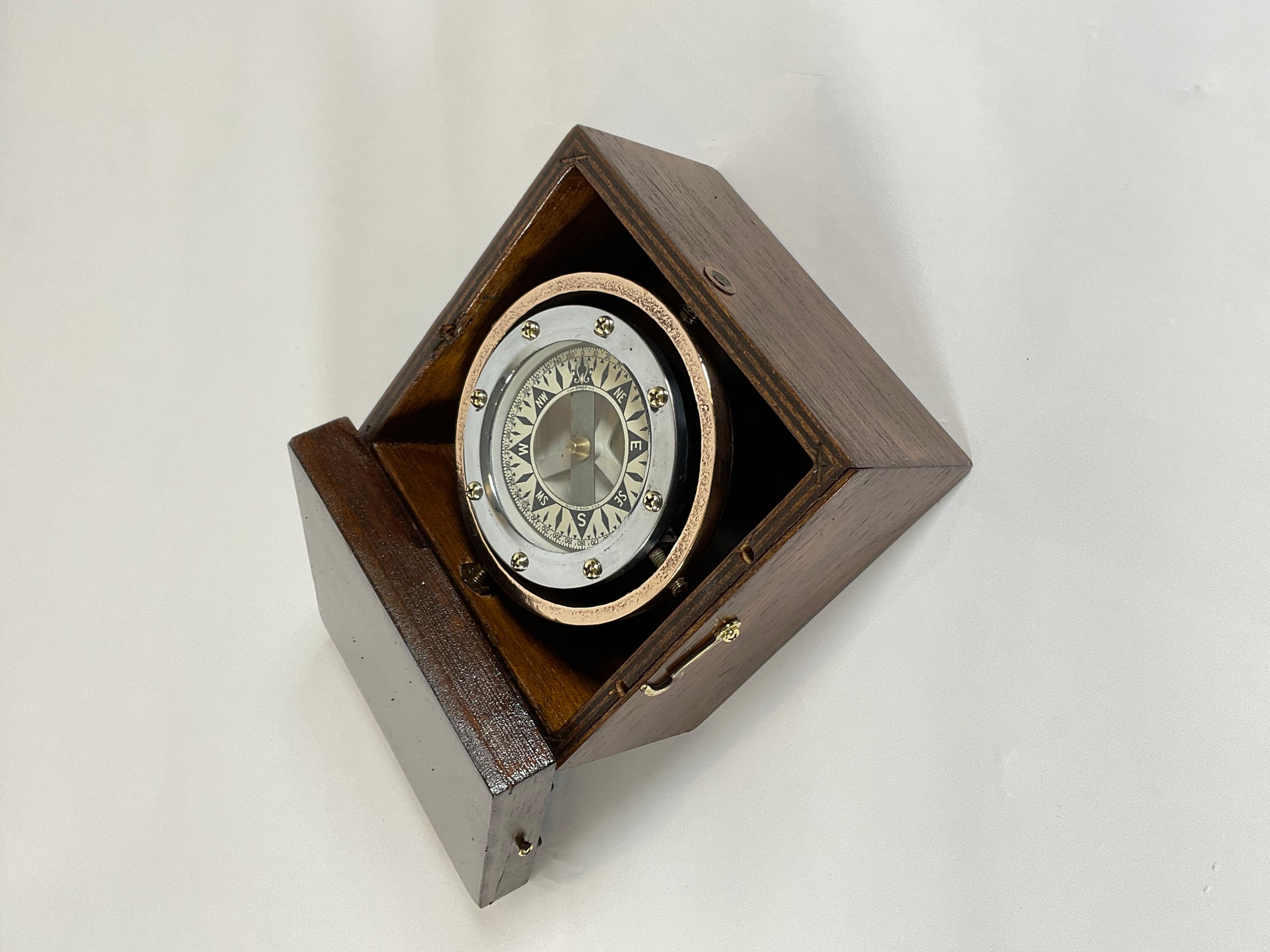 Mid-20th Century Brass Boat Compass on Gimbal Fitted to a Box