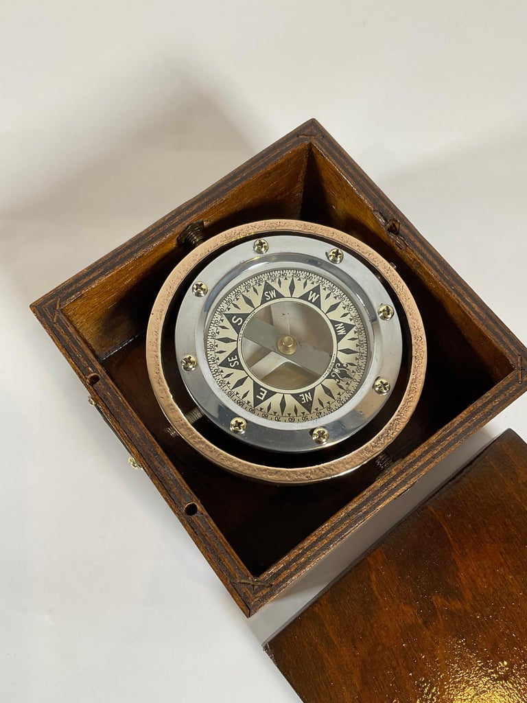 Brass Boat Compass on Gimbal Fitted to a Box For Sale at 1stDibs