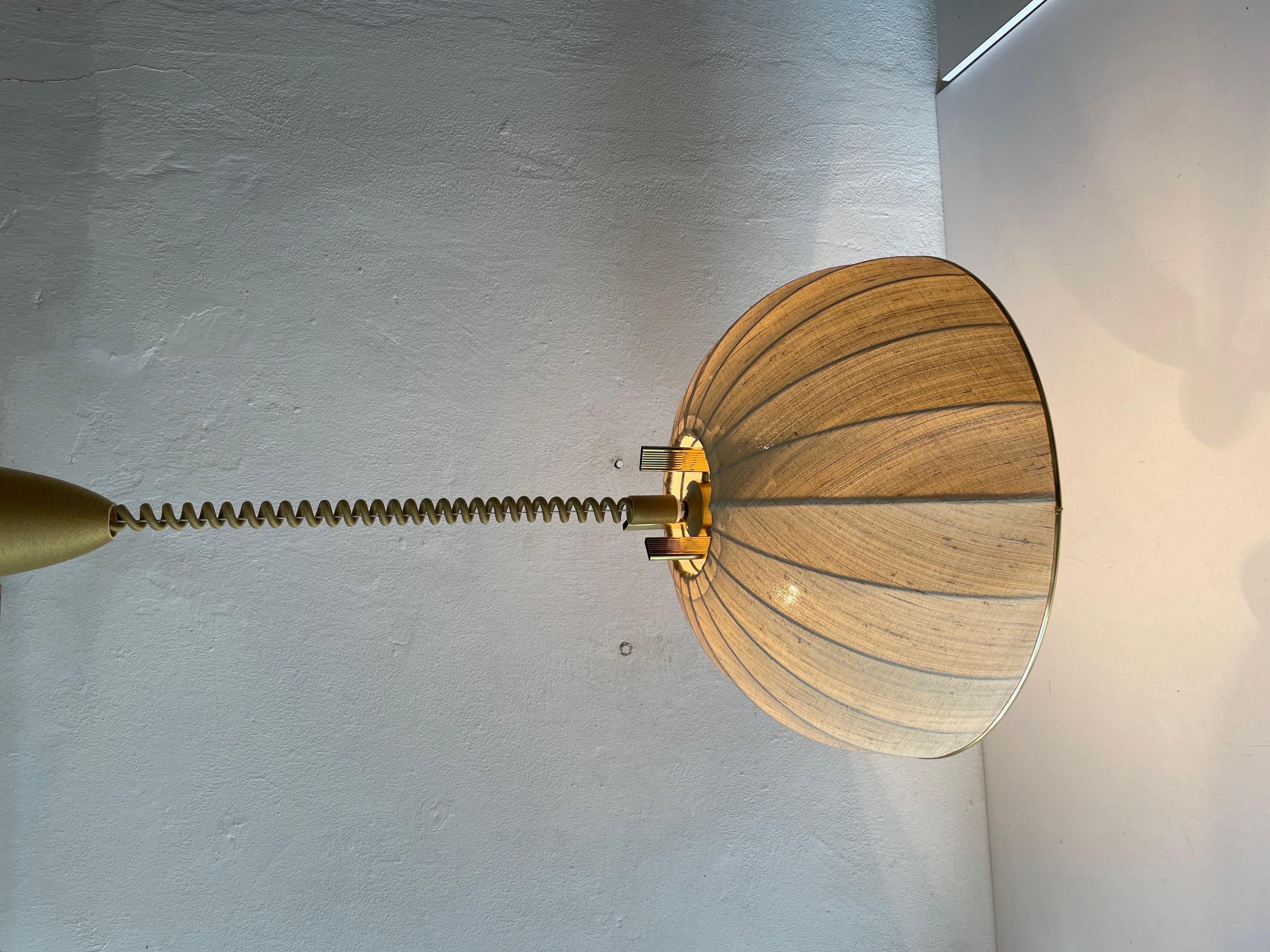Brass Body & Fabric Shade Mid-Century Modern Pendant Lamp by Wkr, 1970s, Germany 11