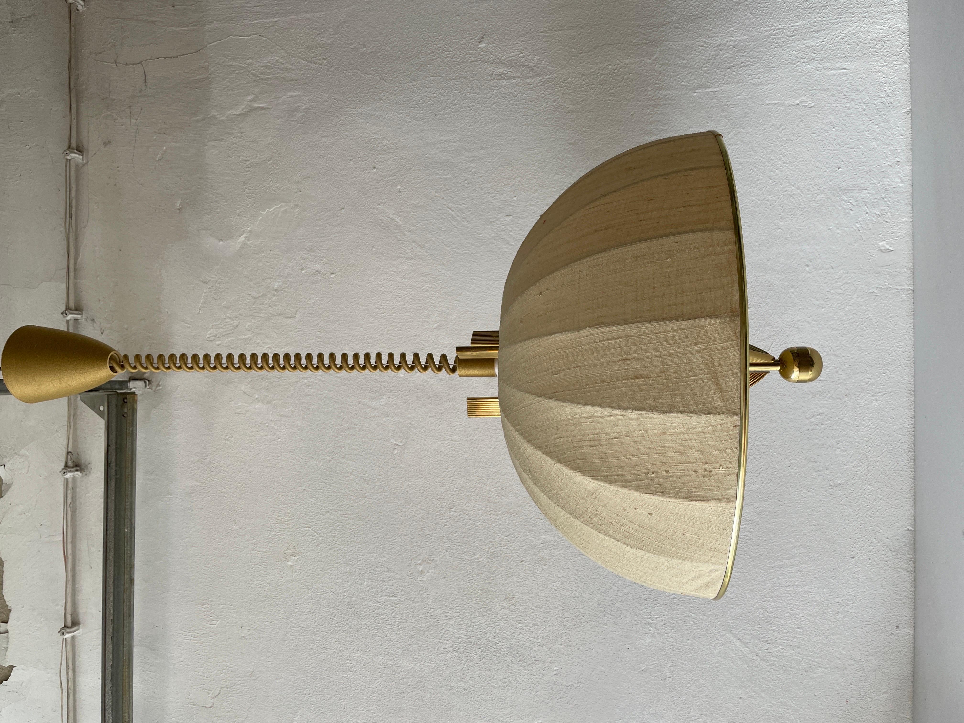 Brass Body & Fabric Shade Mid-Century Modern Pendant Lamp by Wkr, 1970s, Germany 1