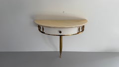 Brass Body Marble Top Floating Wall Console Table with a Drawer, 1960s, Italy