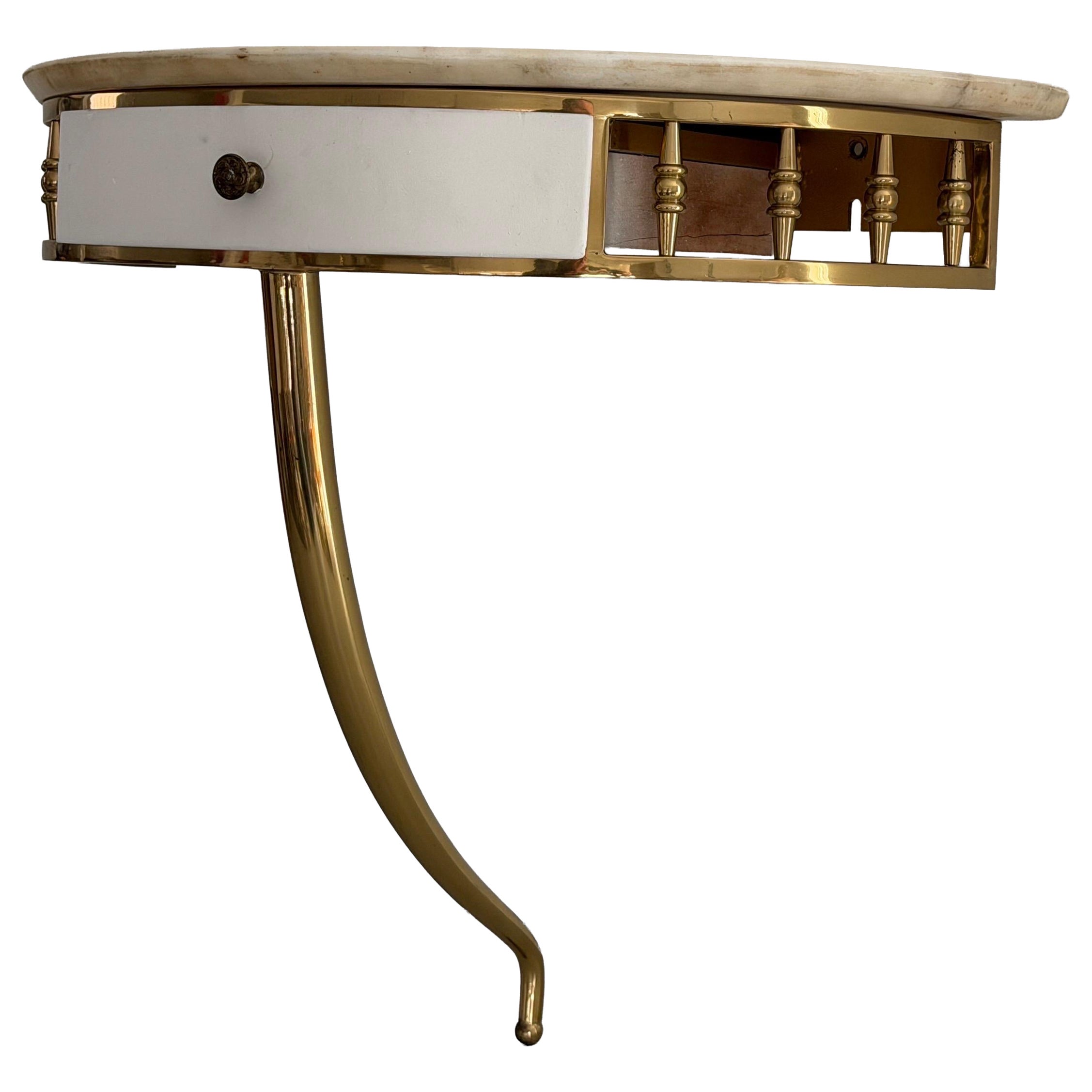 Consola de pared flotante con cajón y cuerpo de latón y tapa de mármol, años 60, Italia