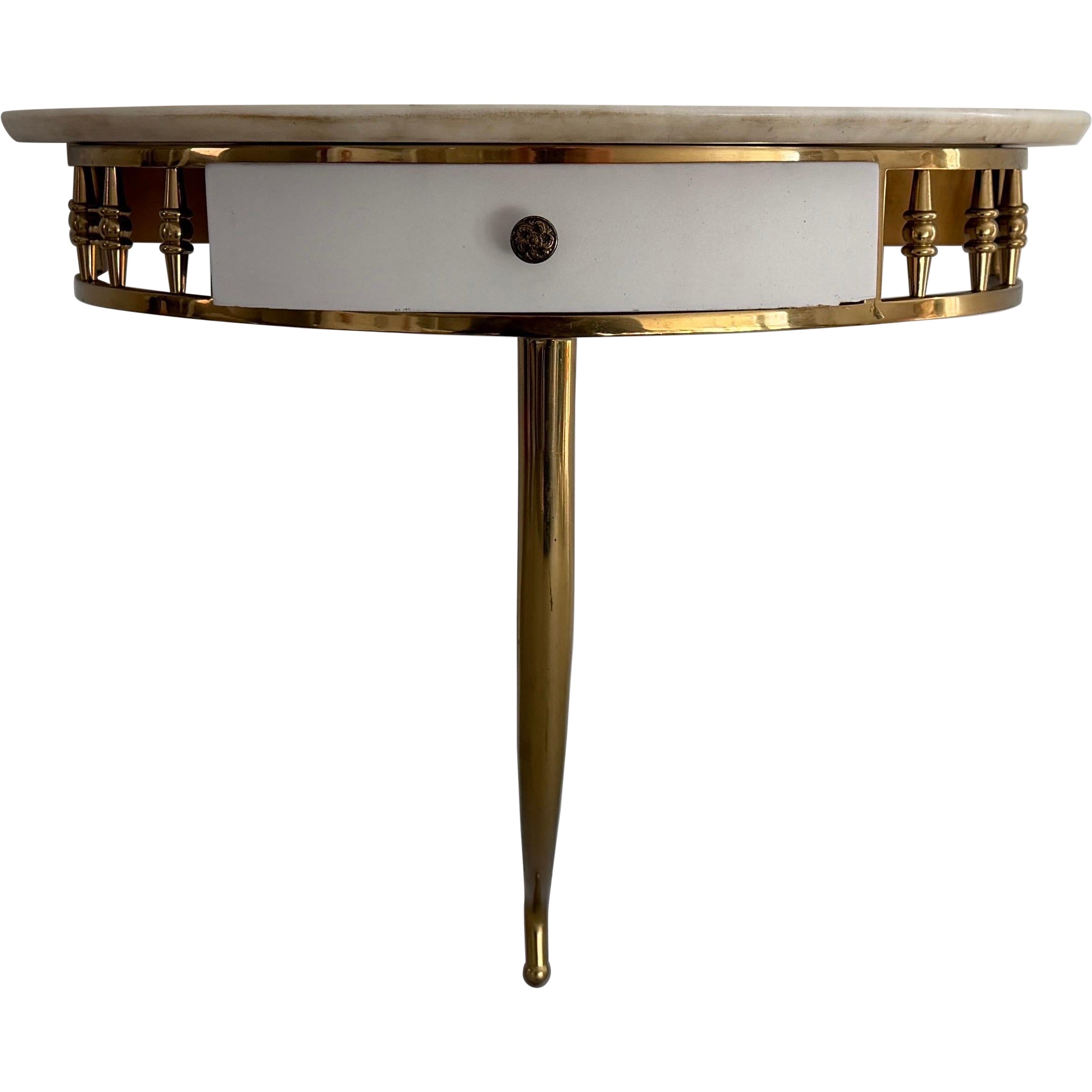 Brass Body Marble Top Floating Wall Console Table with a Drawer, 1960s, Italy