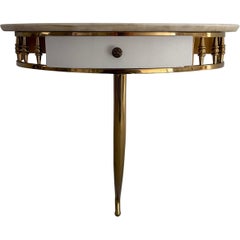 Brass Body Marble Top Floating Wall Console Table with a Drawer, 1960s, Italy
