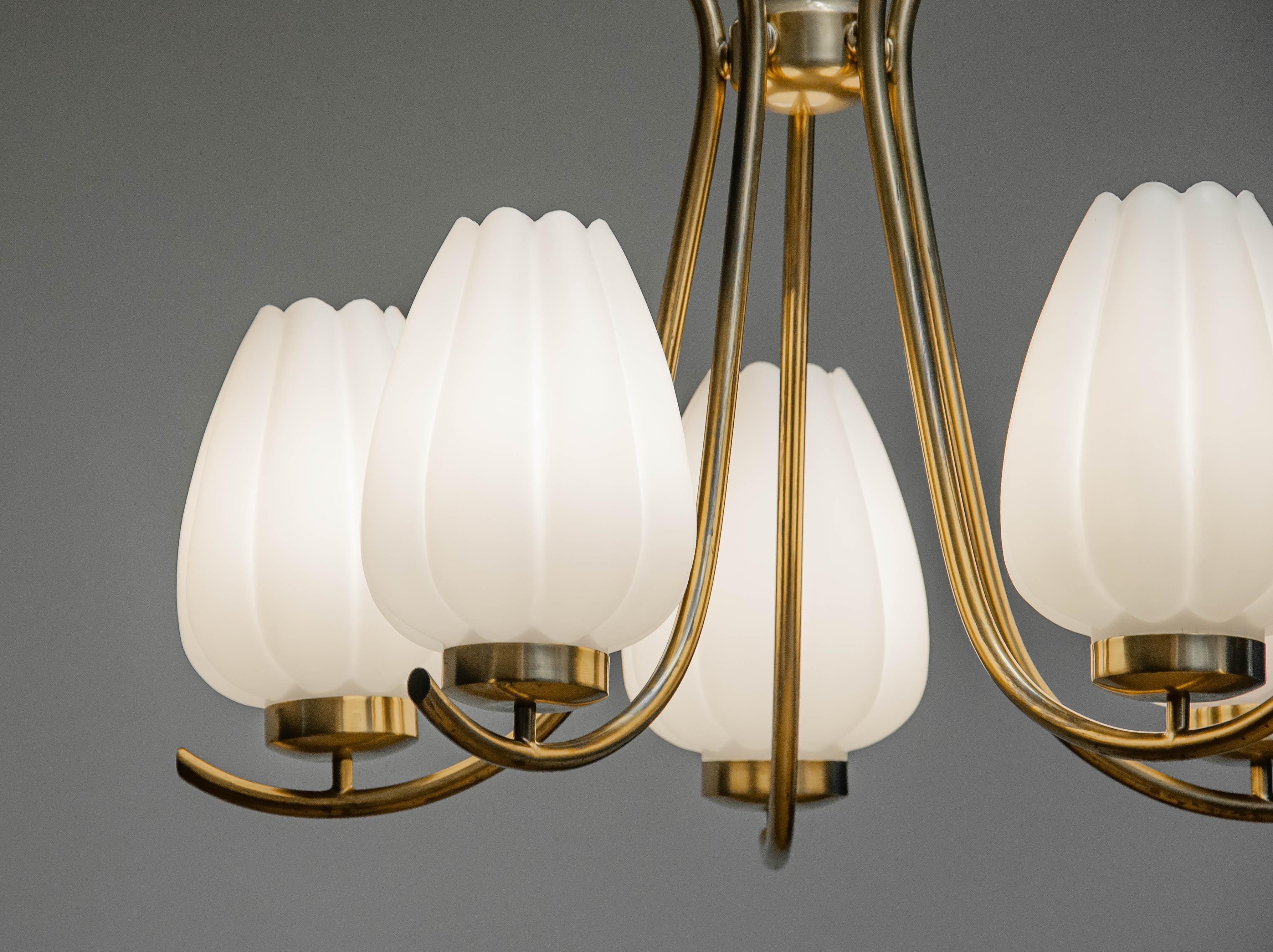 European Brass Böhlmarks Chandelier Supporting Large Opal Glass Tulip Vases Sweden 1940s For Sale